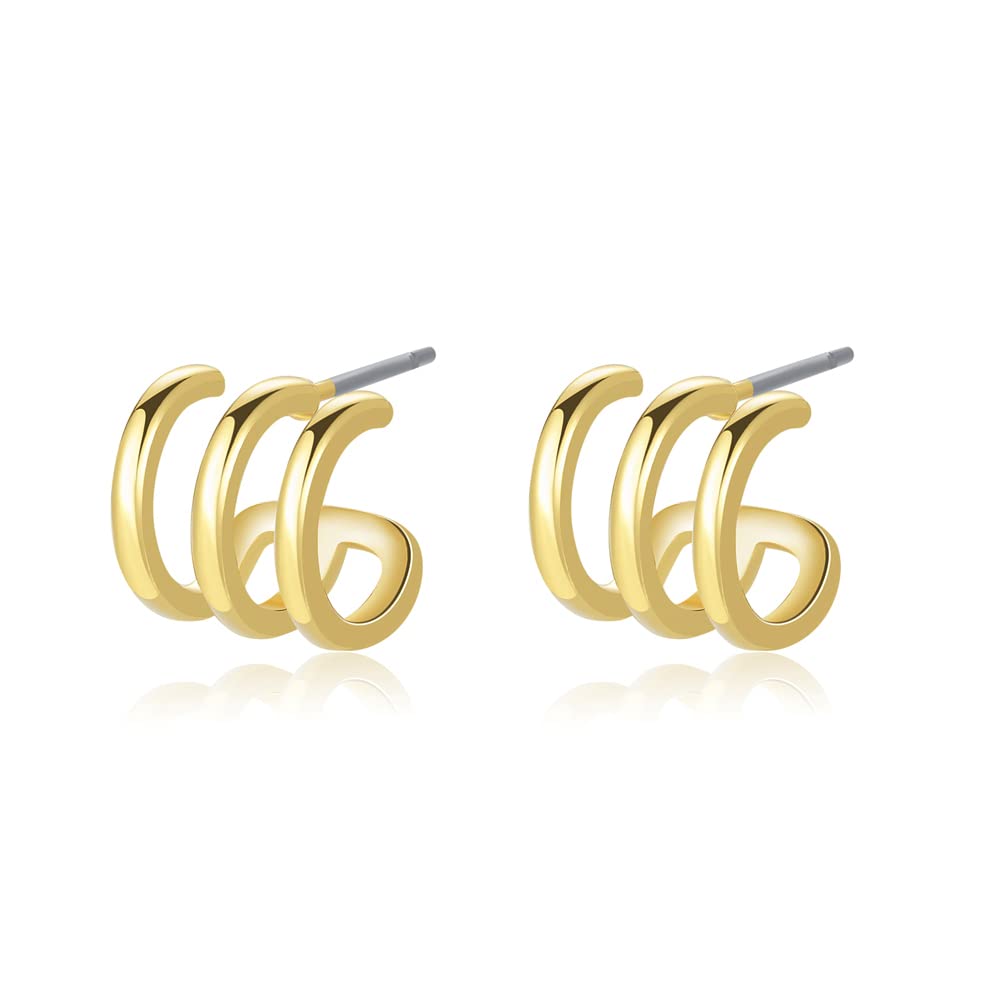 14K Gold Plated Triple Huggie Illusion Stud Earrings for Women - Double Hoop Earrings for Single Piercing | Elegant Drop Earrings for Daily Wear, Parties & Special Occasions