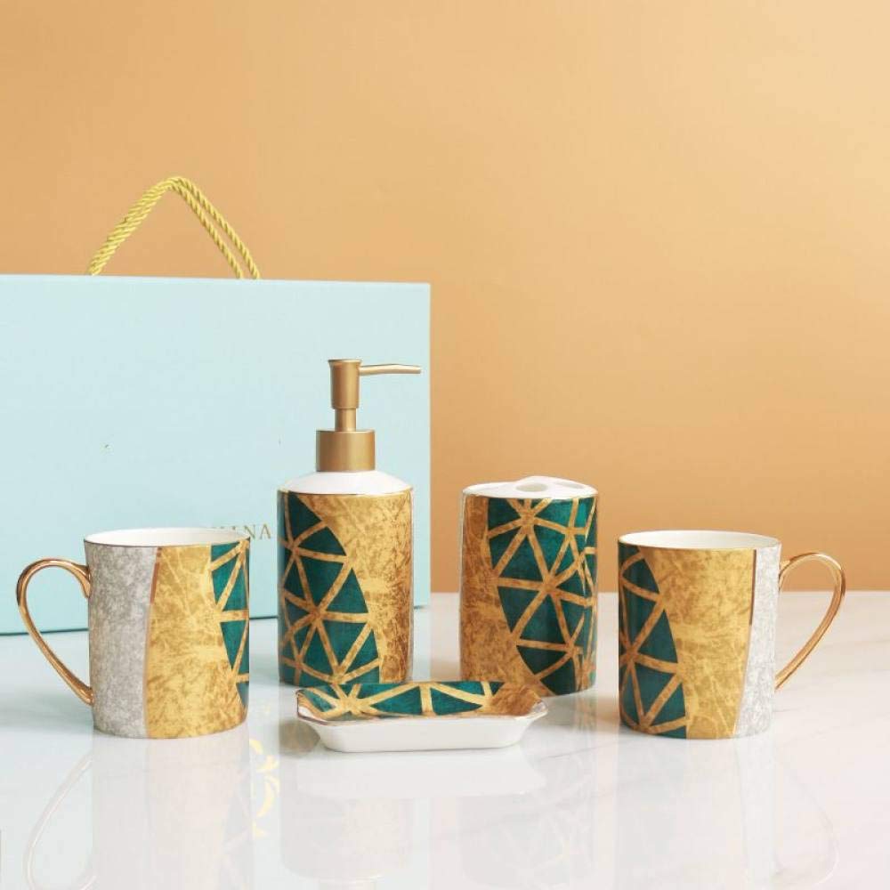 Vintage Ceramic Bathroom Accessories Set - 5 Piece Painted Green Leaf Soap Dispenser, Toothbrush Holder, Soap Dish & 2 Cups for Home, Hotel Vanity Countertop Decor | Perfect for Spa-Style Bathrooms, Guest Suites and Luxury Resorts