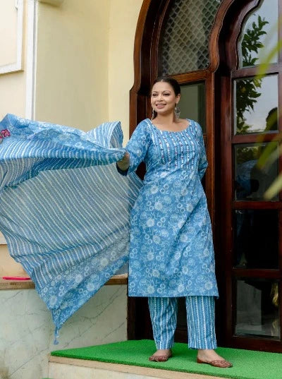 Plus Size Sky Blue Printed Salwar Suit for Women - UK Next Day Delivery | Elegant Indian Ethnic Wear for Weddings & Festivals