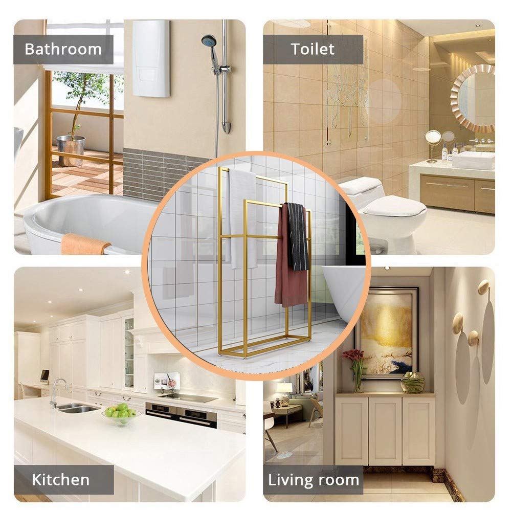 Freestanding Stainless Steel Towel Rack Holder - 2-Tier Modern Bathroom Floor Stand for Quilts, Blankets, Towels & Clothes (Black/Gold, 85x20x110) - Perfect for Spa, Guest Room & Luxury Bathroom Organization