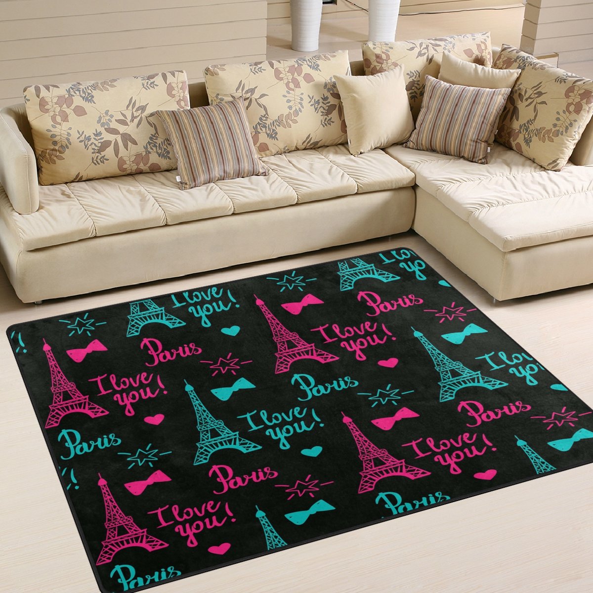 ALAZA Paris Eiffel Tower Black Area Rug - 7' x 5' Modern Floor Mat for Living Room, Bedroom, Dorm | Romantic Home Decor, Gift Idea for Couples & Francophiles