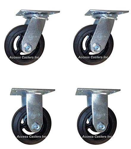 5 Inch Heavy Duty Rubber Caster Wheels Set - 2 Rigid & 2 Swivel Cast Iron Wheels (4-Pack) for Furniture, Carts, Workbenches & Industrial Equipment
