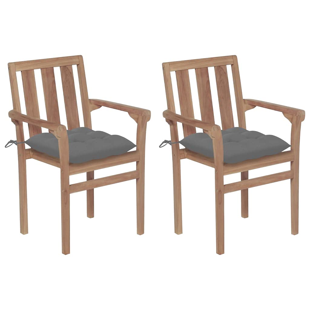 2X Solid Teak Wood Patio Chairs with Gray Cushions - Durable Outdoor Garden Furniture for Balcony, Backyard, Terrace - Perfect for Lounging, Dining & Relaxing in Sun