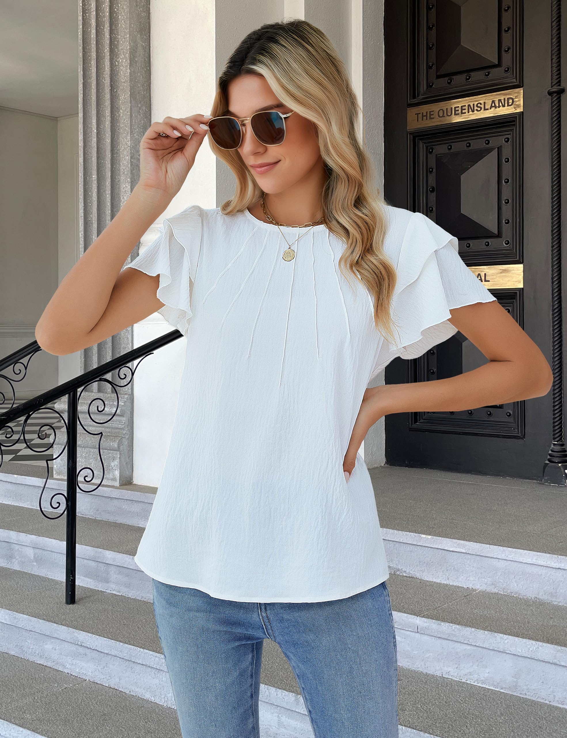 BMJL Women's Dressy Casual Blouse - Business Tops Short Sleeve Shirt with Crew Neck | Summer Office Wear & Casual Outfits 2024 | Perfect for Work, Meetings, and Weekend Outings