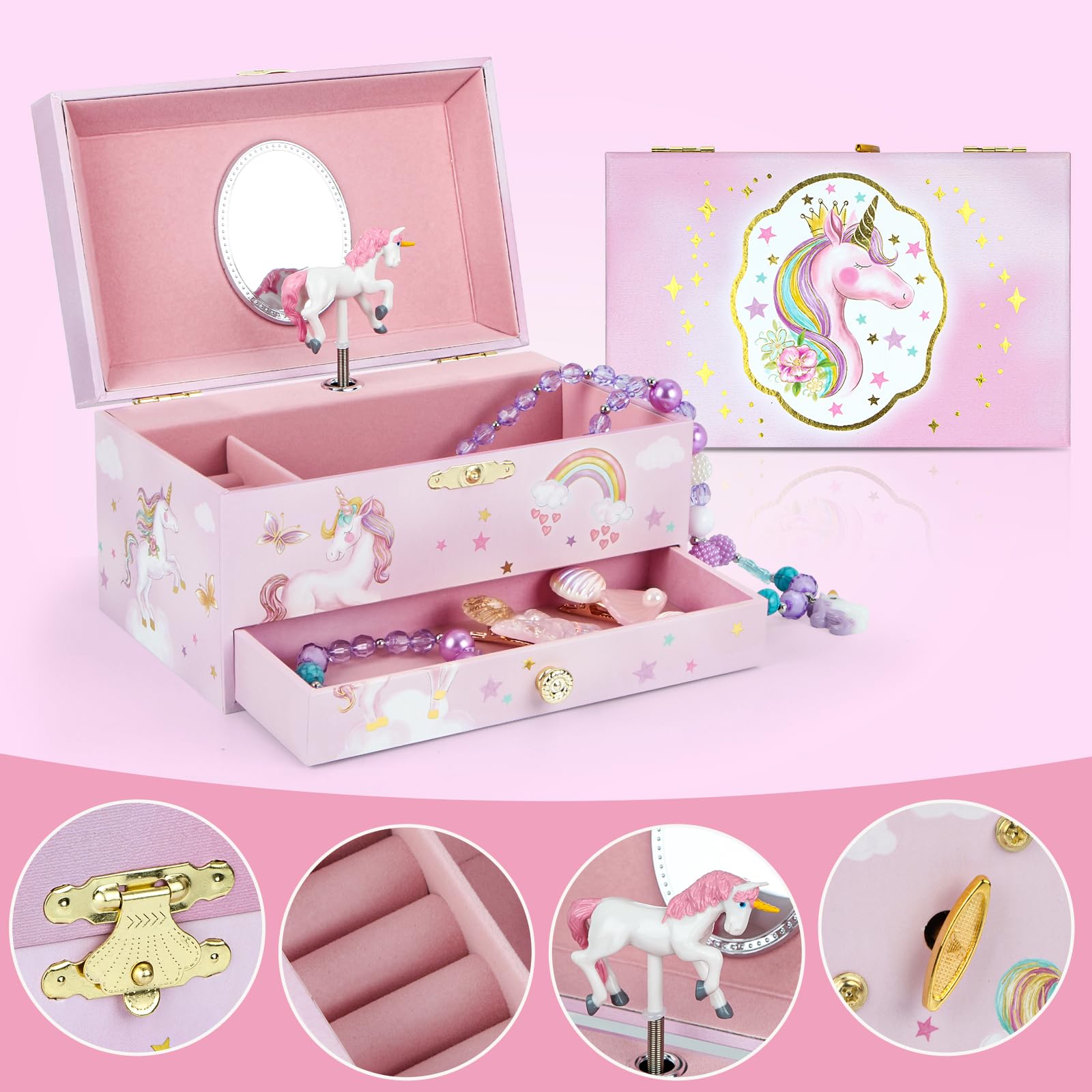 Elegant Pink Horse Musical Jewelry Box with Drawer - Spinning Ballerina Jewelry Storage Case for Necklace & Bracelet - Perfect Gift for Girls, Kids, Daughter - Ideal for Bedroom, Dresser & Birthday Presents