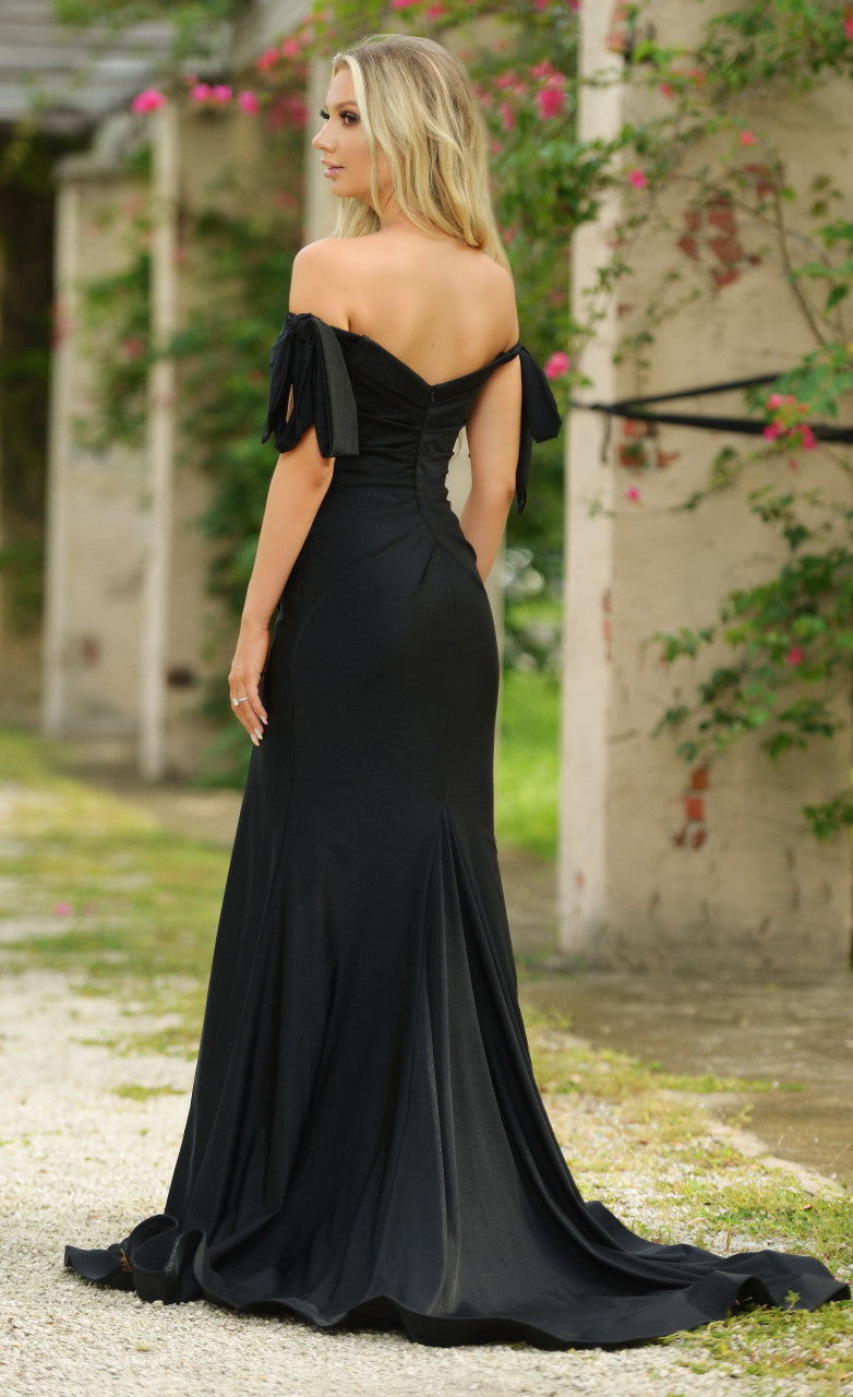 Elegant Black Off Shoulder Stretch Spandex Satin Evening Gown with Ties - Perfect for Prom, Cocktail Parties & Formal Events