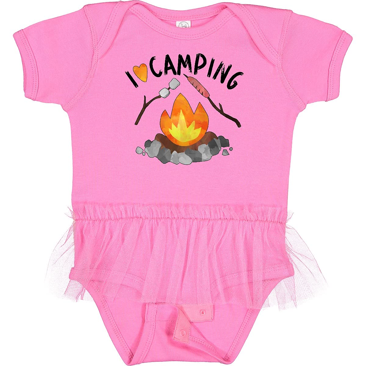 Inktastic I Love Camping Baby Bodysuit - Campfire, Hot Dog & Marshmallows Design - Cute Infant Tutu Outfit for Outdoor Adventures, Camping Trips & Family Photos