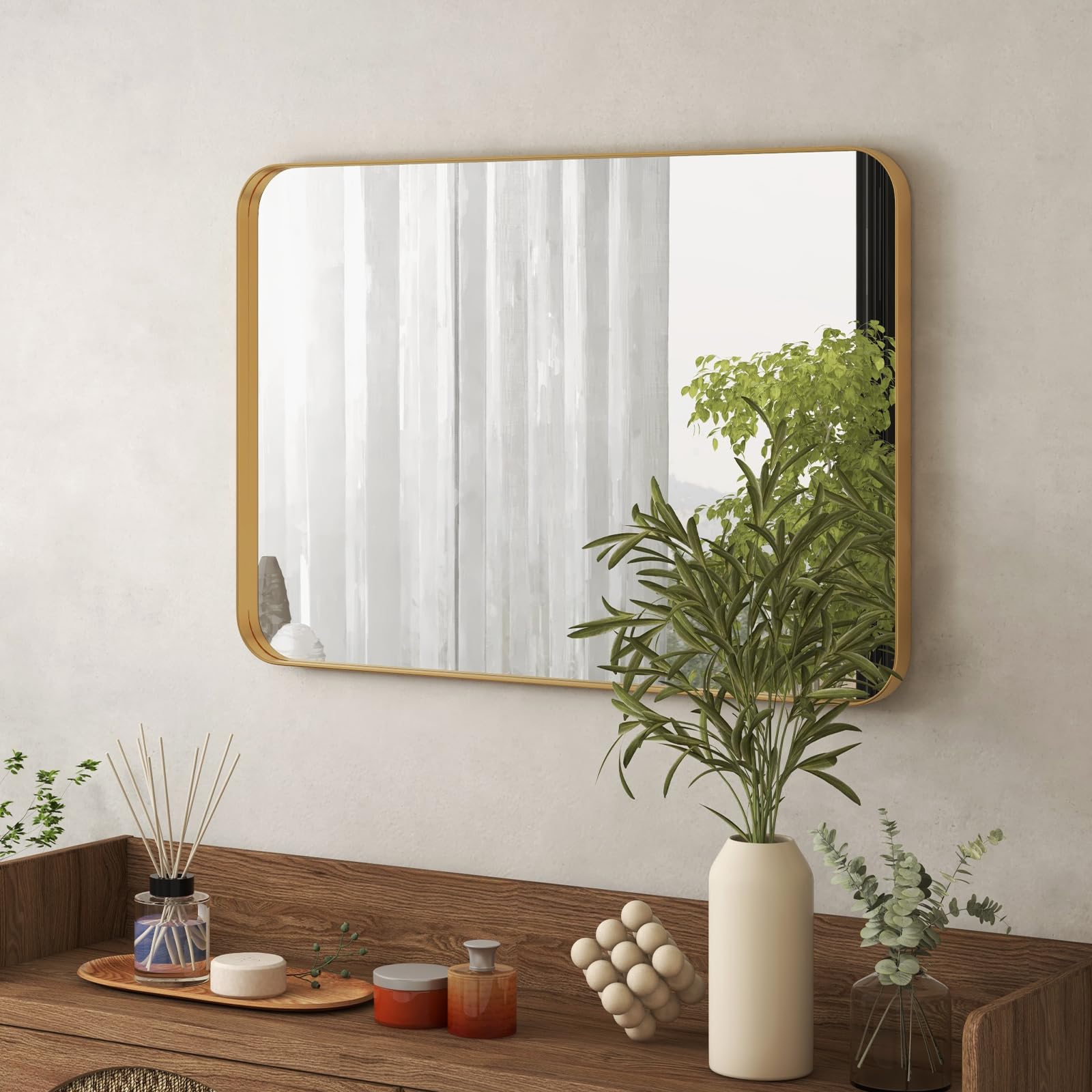 Tangkula 20 x 32 Inch Matte Gold Metal Framed Bathroom Mirror - Rust-Resistant Tempered Glass Wall Mirror for Bathroom Vanity, Horizontal or Vertical Hanging - Perfect for Modern Bathrooms, Powder Rooms & Dressing Areas