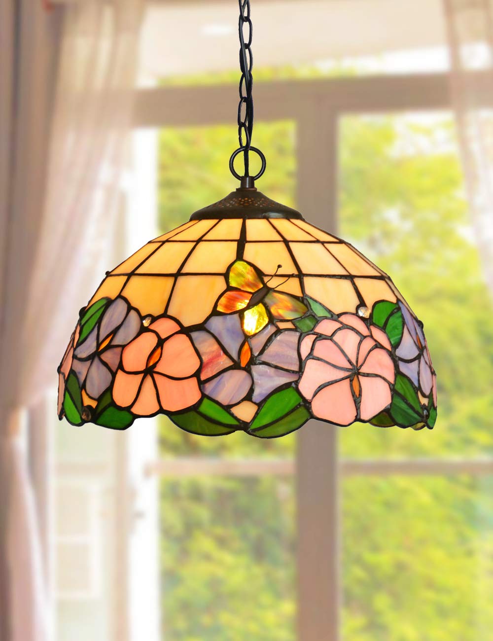 12 Inch Stained Glass Pendant Lighting with E26 Socket - Phalaenopsis Design Tiffany Lamp Shade for Bedroom, Kitchen, Office & Nightstand | Home Decor Desk Light for Coffee Bar, Dresser & Sound Bar Area