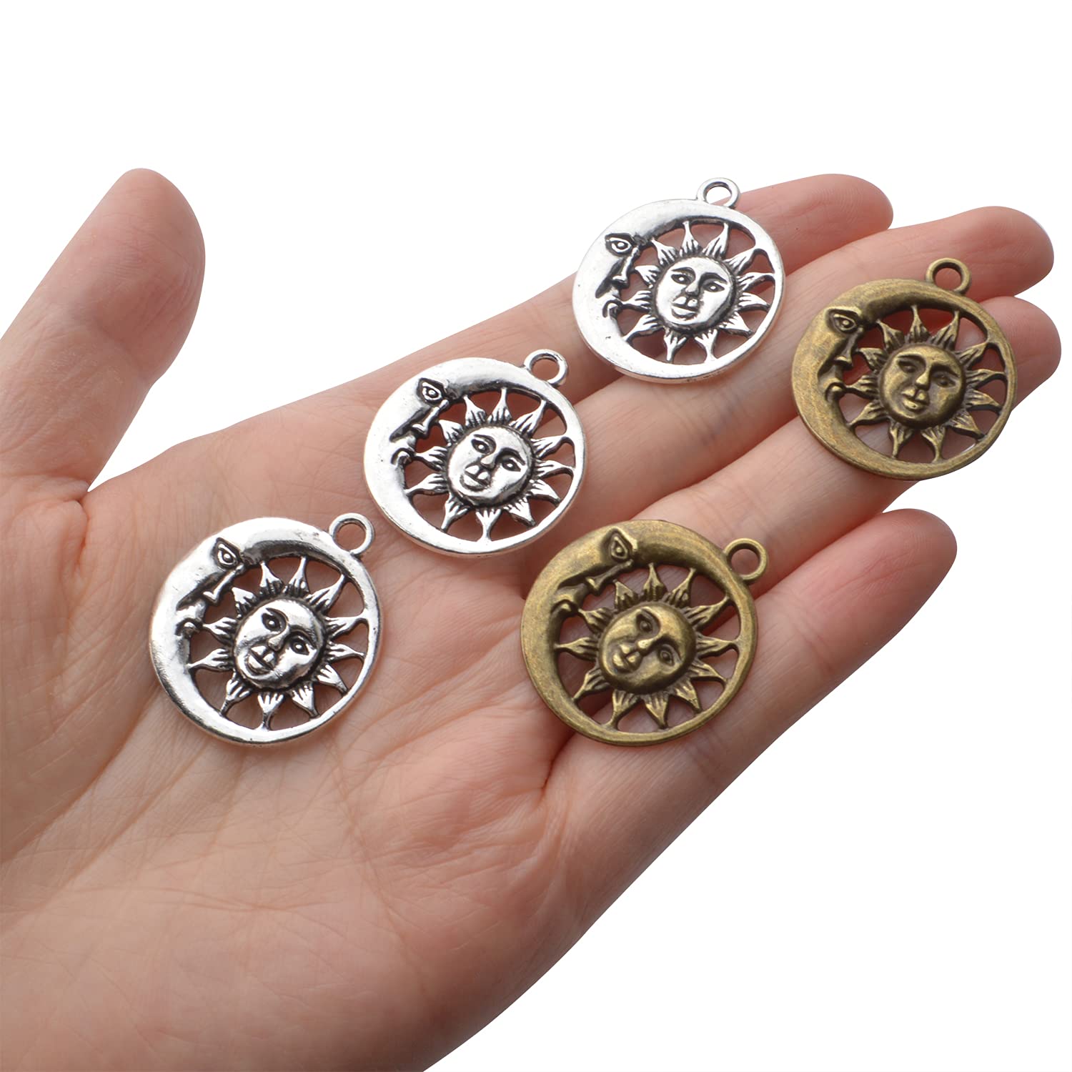 50pcs Tibetan Alloy Celestial Sun and Moon Charms - Smile Pendants for DIY Jewelry Making, Necklace & Bracelet Craft Supplies - Perfect for Boho, Hippie & Spiritual Jewelry Designs