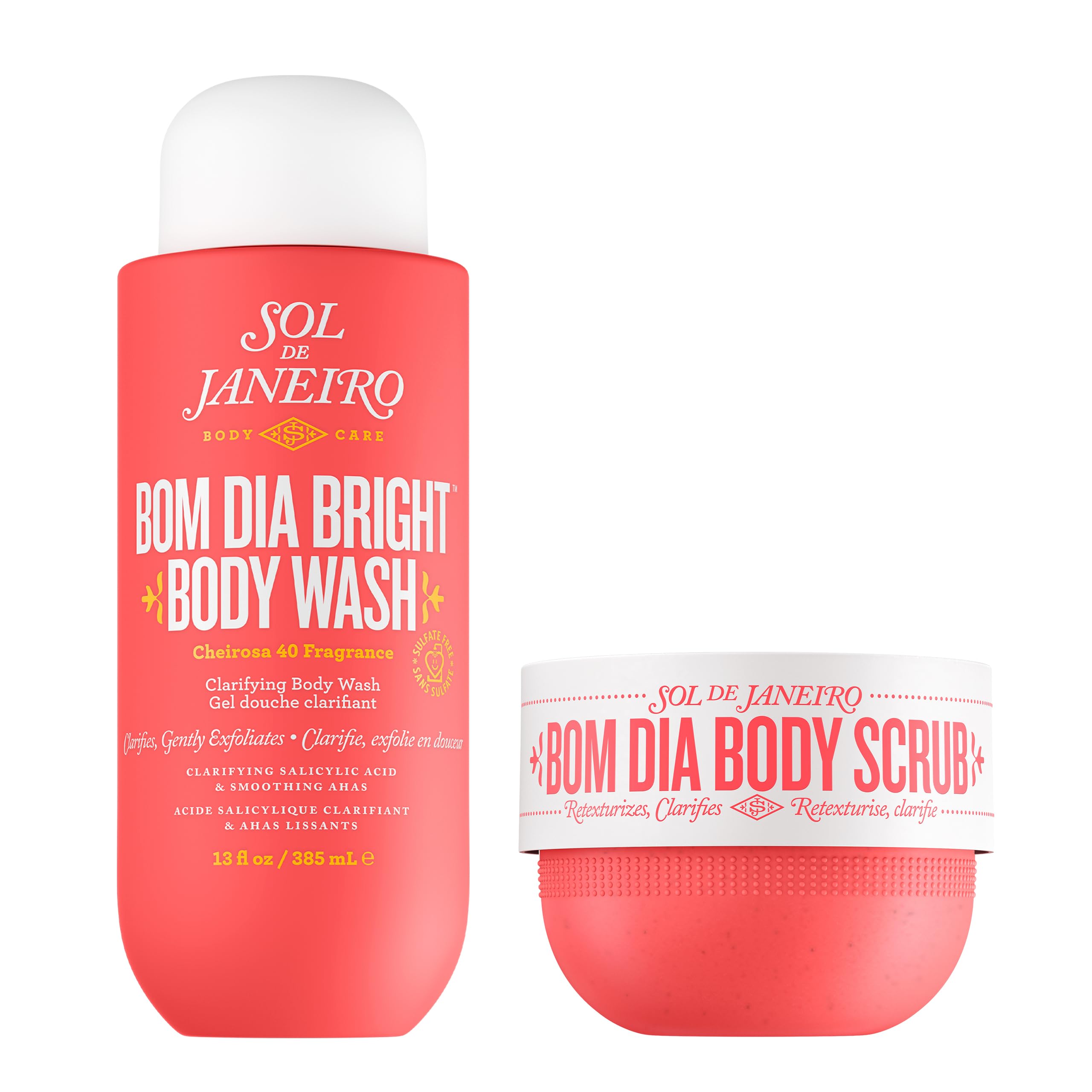 SOL DE JANEIRO Bom Dia Brightening AHA Body Scrub & Body Wash Duo - Exfoliating & Smoothing Treatment for Glowing Skin - Perfect for Shower & Spa Day Self Care Routine