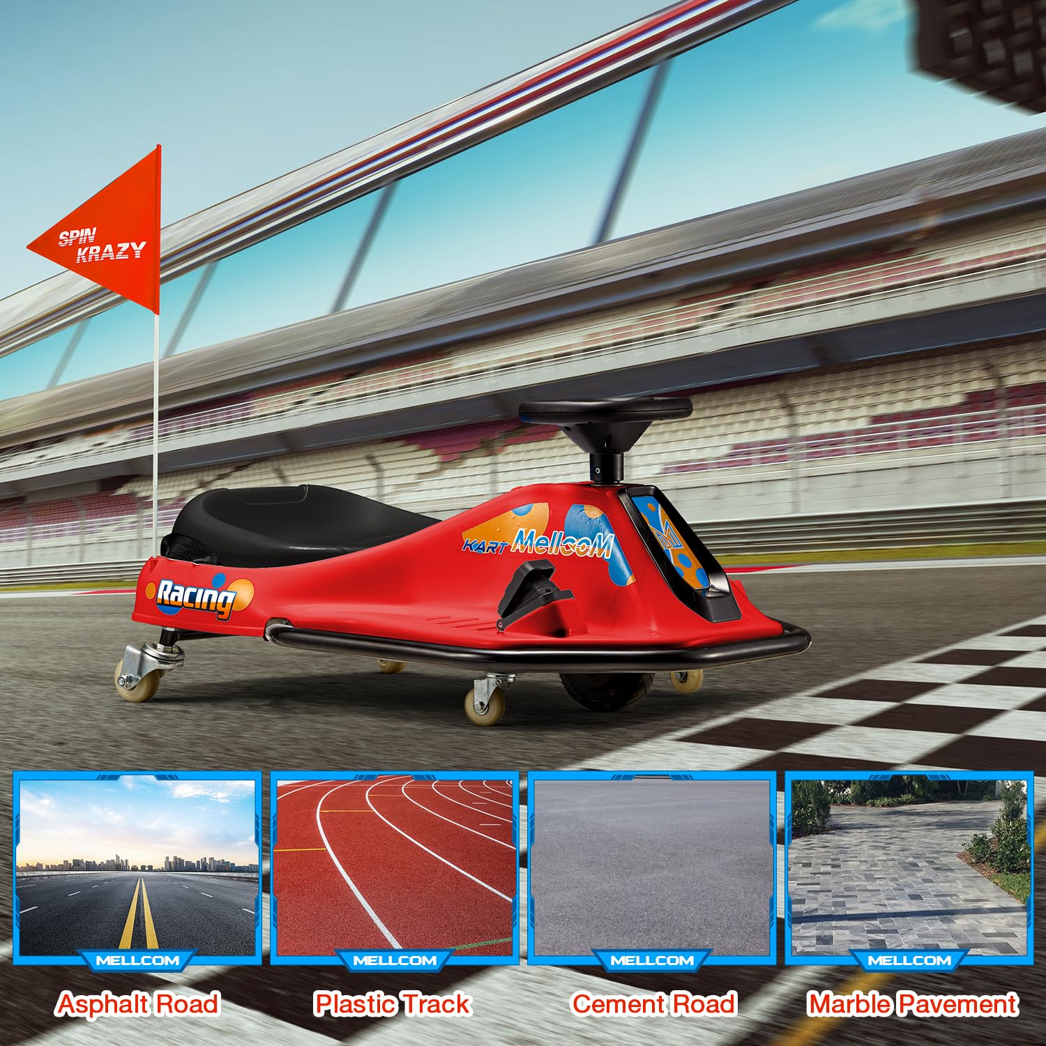 MELLCOM 24V Electric Drifting Go Kart for Kids - 360° Rotatable Wheels, Bluetooth, Music & LED Lights - Ride On Toy Car with Acceleration Pedal - Perfect for Backyard Racing, Birthday Gifts & Outdoor Play (Red)