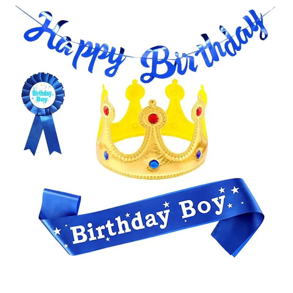 4-Piece Birthday Boy Party Set - King Crown, Sash, Button Pins & Happy Birthday Banner - Boys Birthday Party Decorations & Dress Up Accessories - Perfect for Birthday Celebrations, Themed Parties & Photo Props
