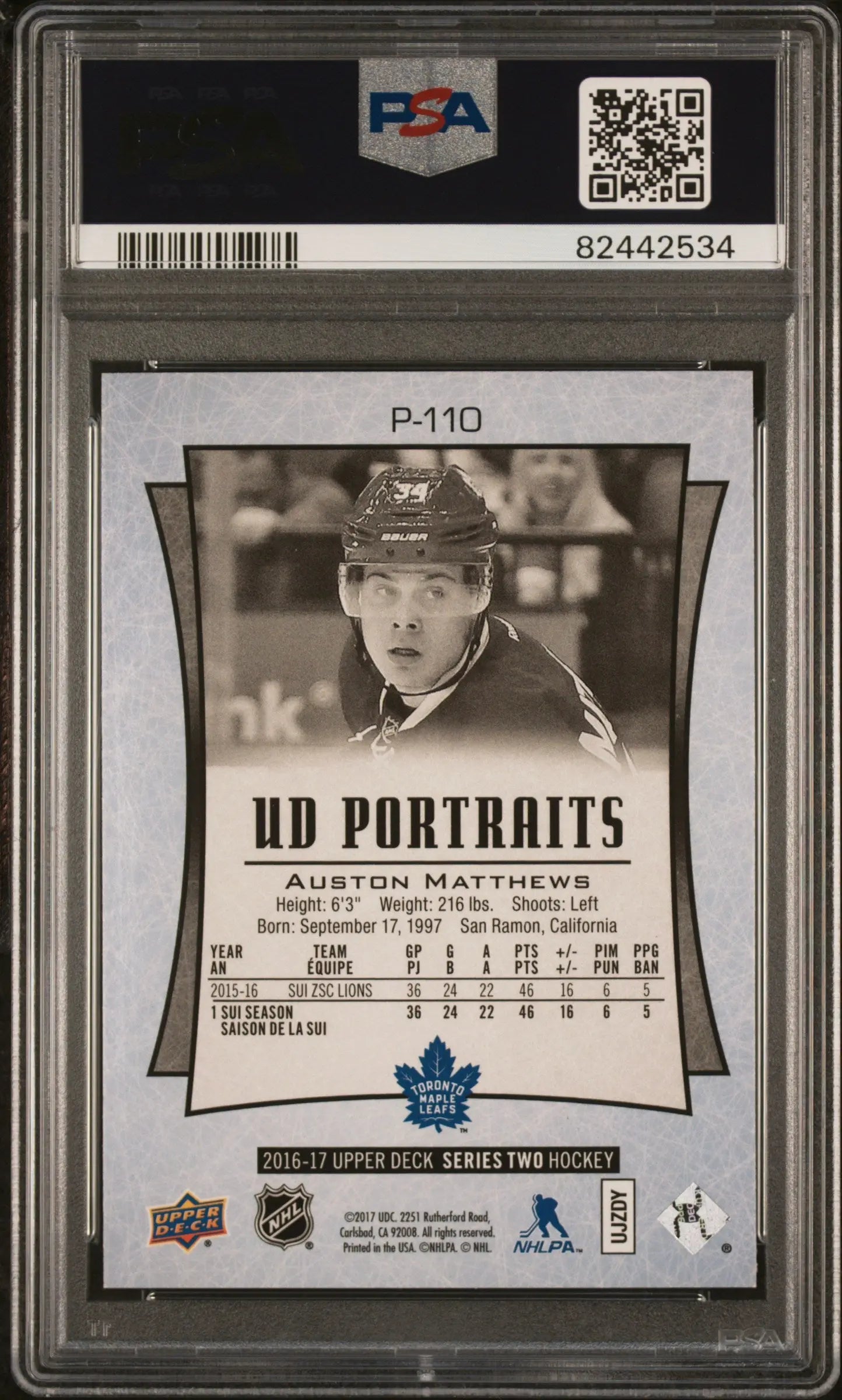 2016 Upper Deck Series 2 UD Rookie Portraits Auston Matthews PSA 9 #P 110 Hockey Trading Card - Perfect for Collectors, Investors & NHL Fans