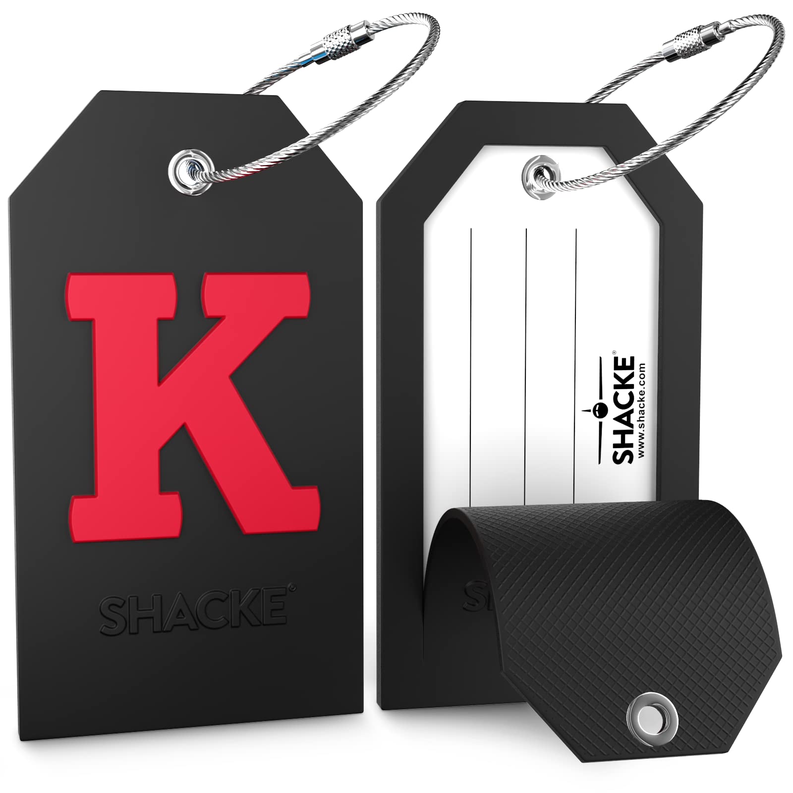 Shacke Large Personalized Luggage Tag with Privacy Cover & Stainless Steel Loop - Black Monogram K | Durable Travel ID Tag for Suitcases, Backpacks & Carry-Ons