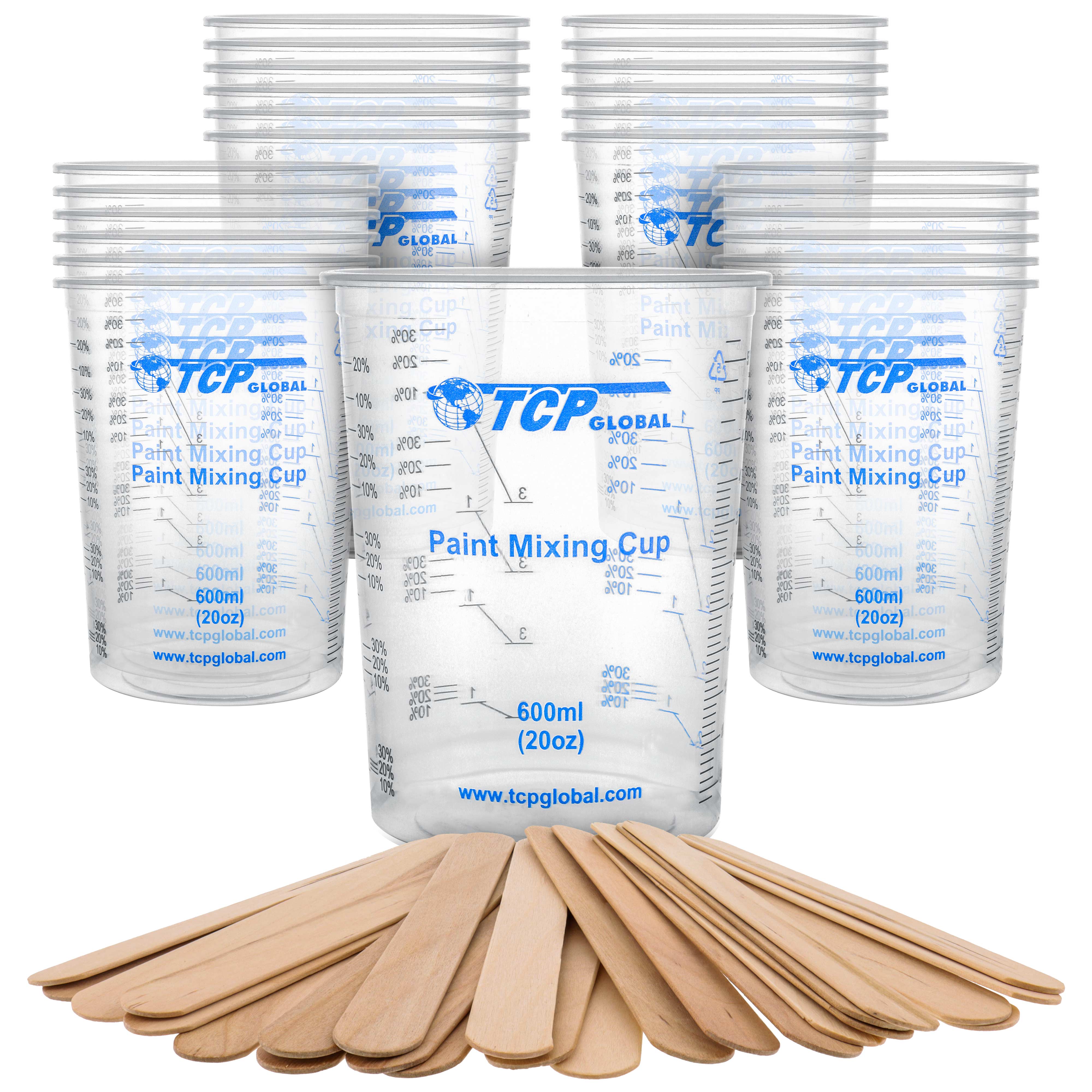 TCP Global 25-Pack 20oz (600ml) Disposable Plastic Mixing Cups with Graduated Measurements & Mixing Sticks - Ideal for Paint, Resin, Epoxy, and DIY Crafts - Perfect for Artists, Hobbyists, and Home Improvement Projects