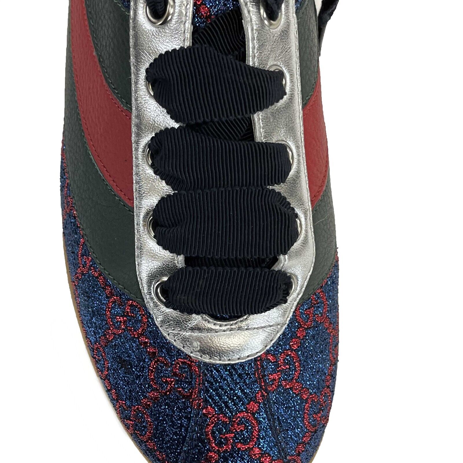 Gucci Women's Multicolor Lace-Up Sneakers - Lurex Fabric & Leather Web Low Top Shoes Size US 8 | Fashionable Casual Wear for Everyday Outfits & Street Style