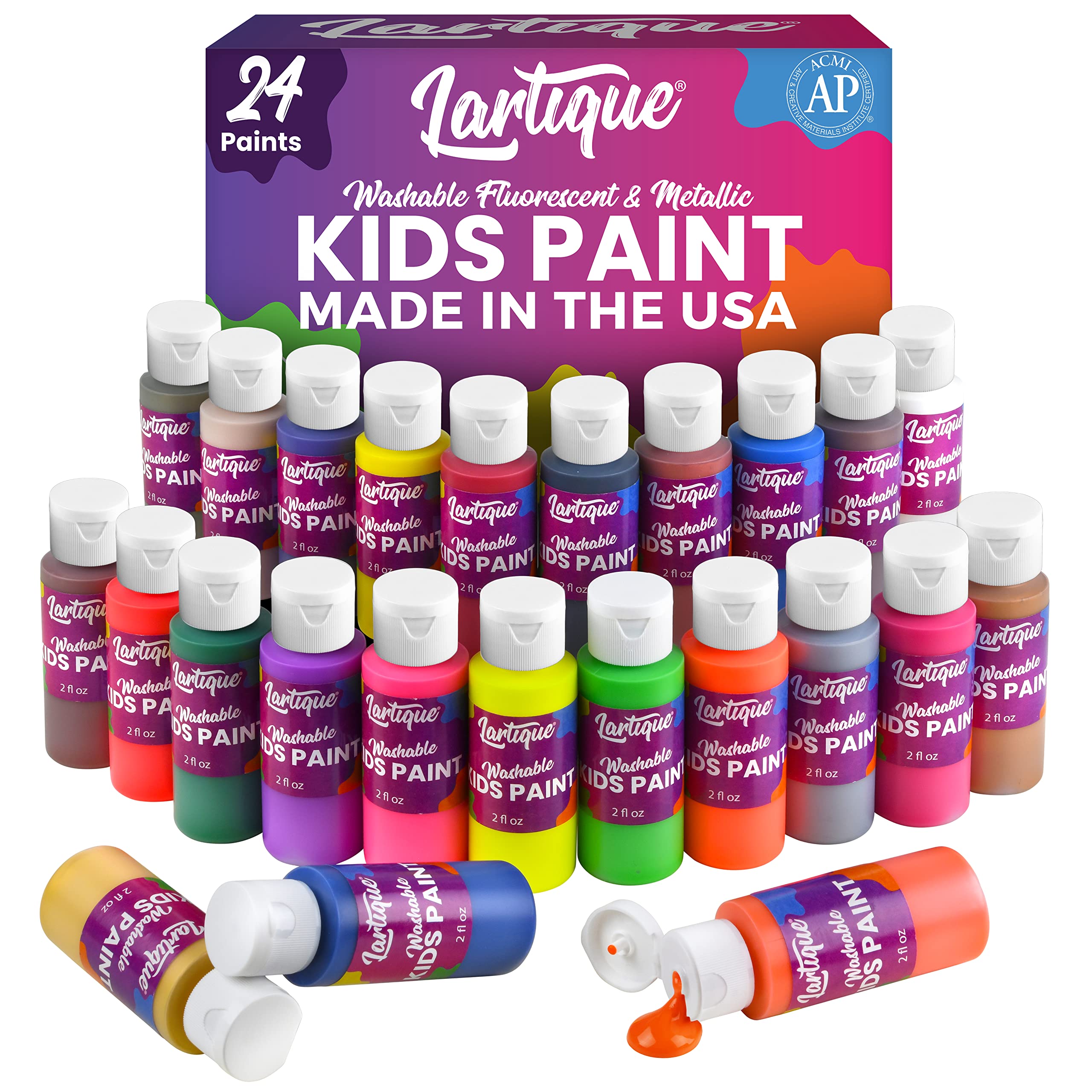 Washable Kids Paint Set - 24 Colors Non-Toxic Finger Paint (Regular, Fluorescent & Metallic) | 2oz Bottles | Safe Tempera Paint for Children | Made in USA | Perfect for Art Projects, Classroom Activities & DIY Crafts