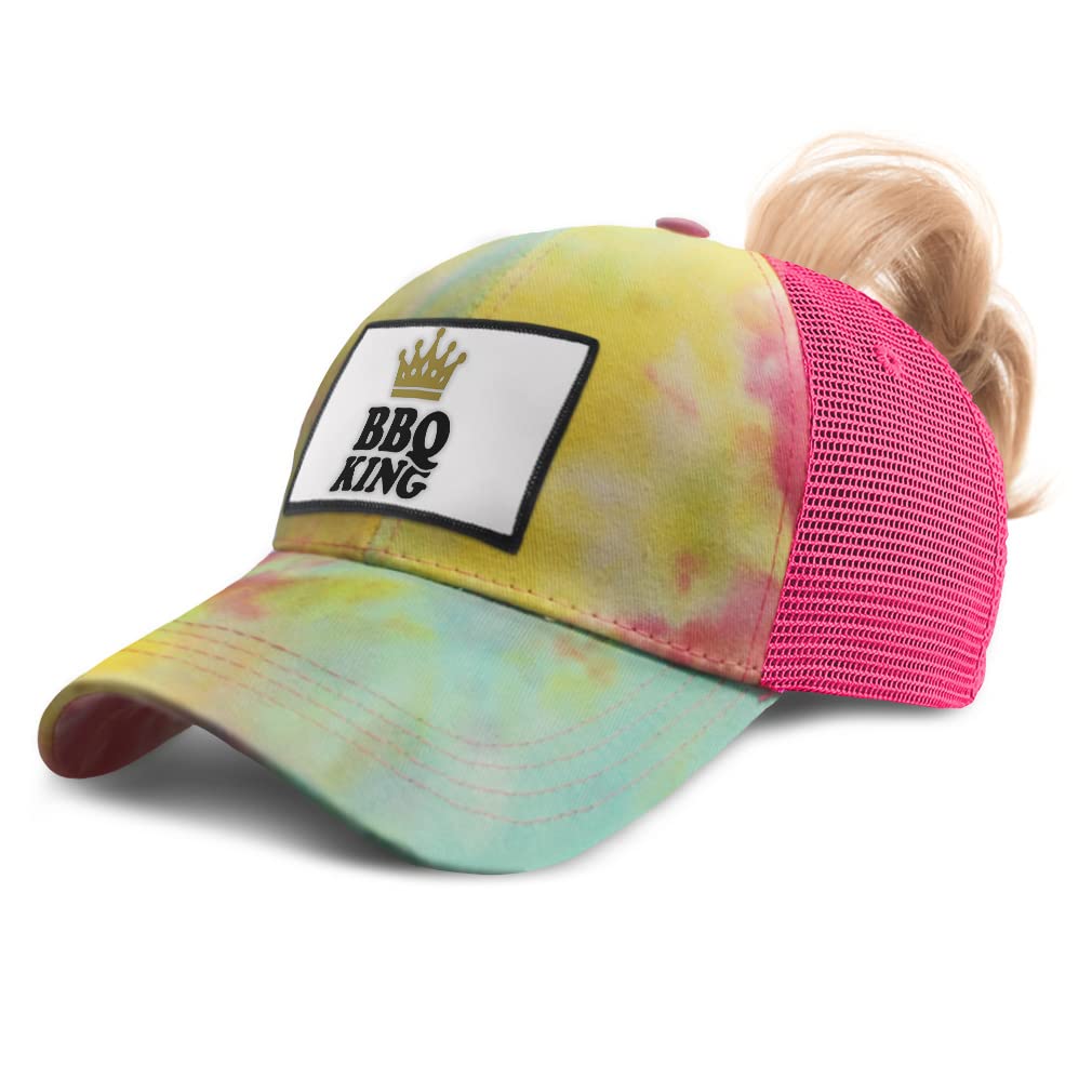 Women's High Ponytail BBQ King Text & Image Humor Patch Trucker Hat - Perfect for Outdoor Grilling, Parties & Casual Wear