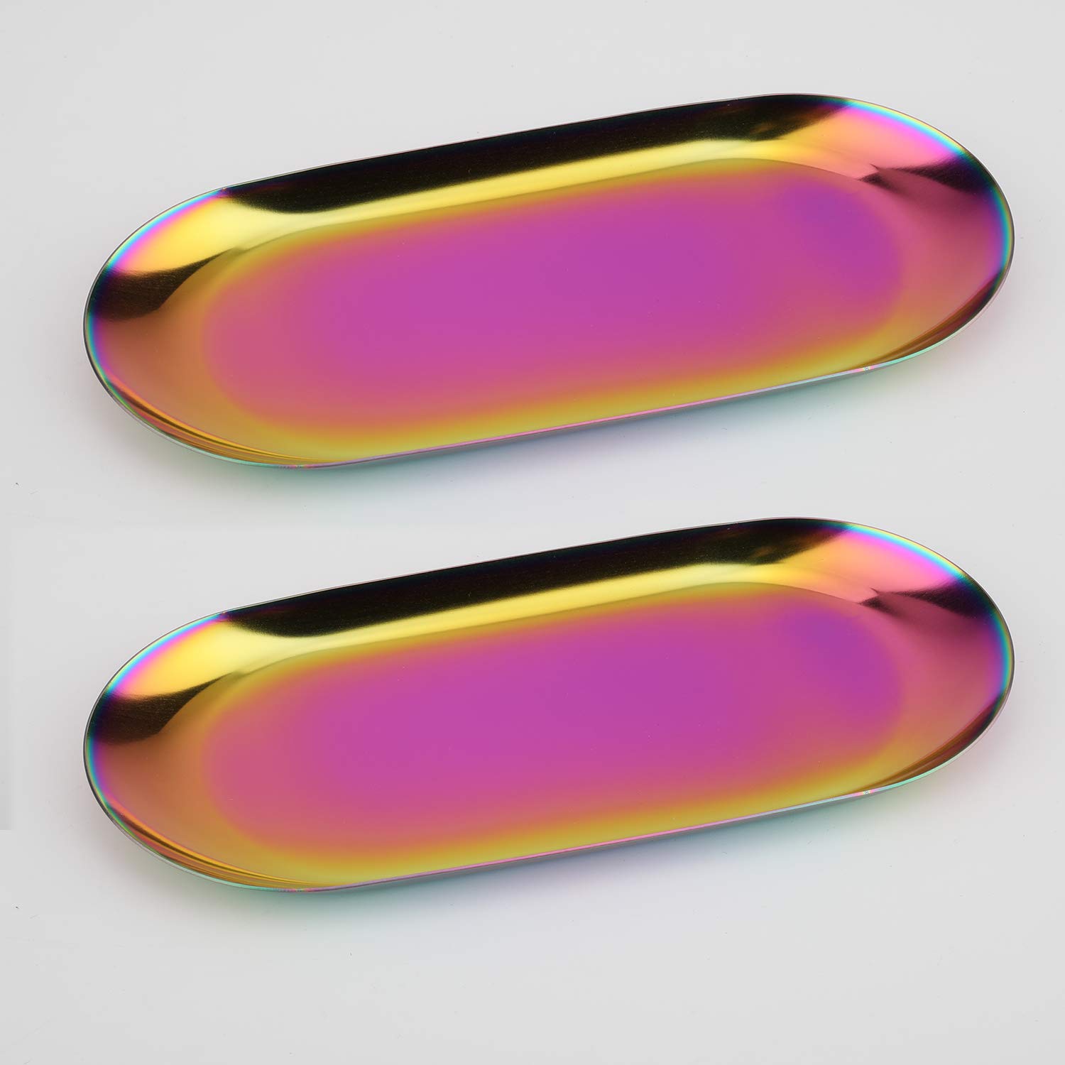 Fermus 9 Inch Stainless Steel Decorative Tray Set of 2 - Jewelry Organizer, Cosmetic Dish & Bathroom Storage - Holographic Oval Serving Platter for Home Decor, Vanity & Gift Giving