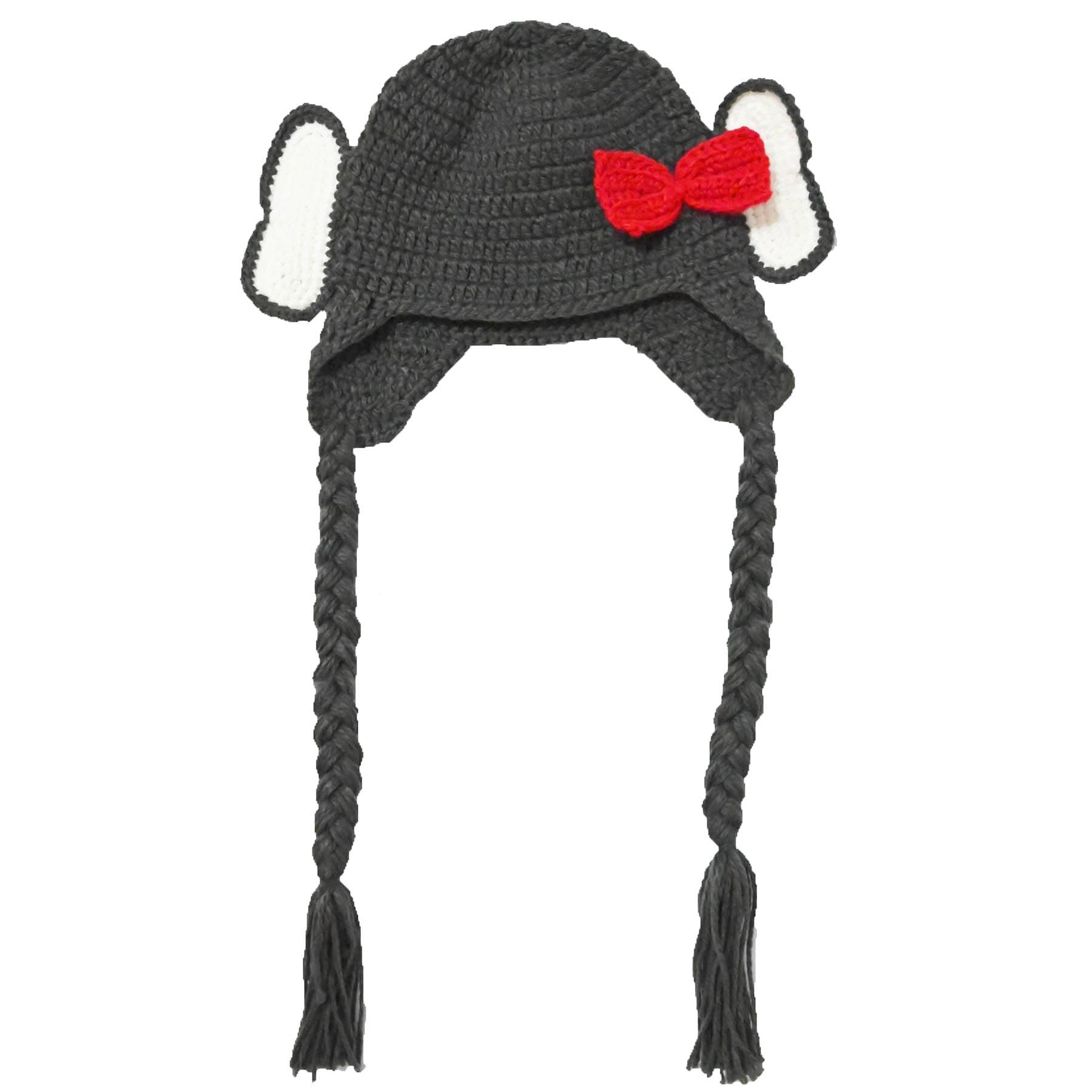 BIBITIME Handmade Knit Elephant Hat with Ears - Adorable Bowknot Beanie with Earflaps & Braid Details - Perfect for Newborn Baby Shower Gifts & Winter Photoshoots