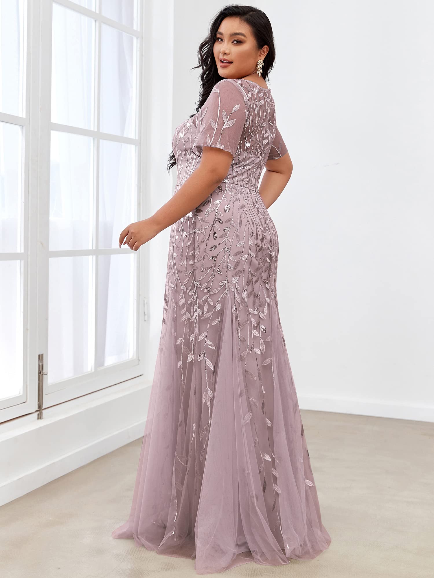 Ever-Pretty Women's Plus Size Embroidery Sequin Short Sleeve Bodycon Maxi Formal Dress 07707-PZUSA | Elegant Evening Gown for Prom, Wedding Guest, Cocktail Party & Special Occasions