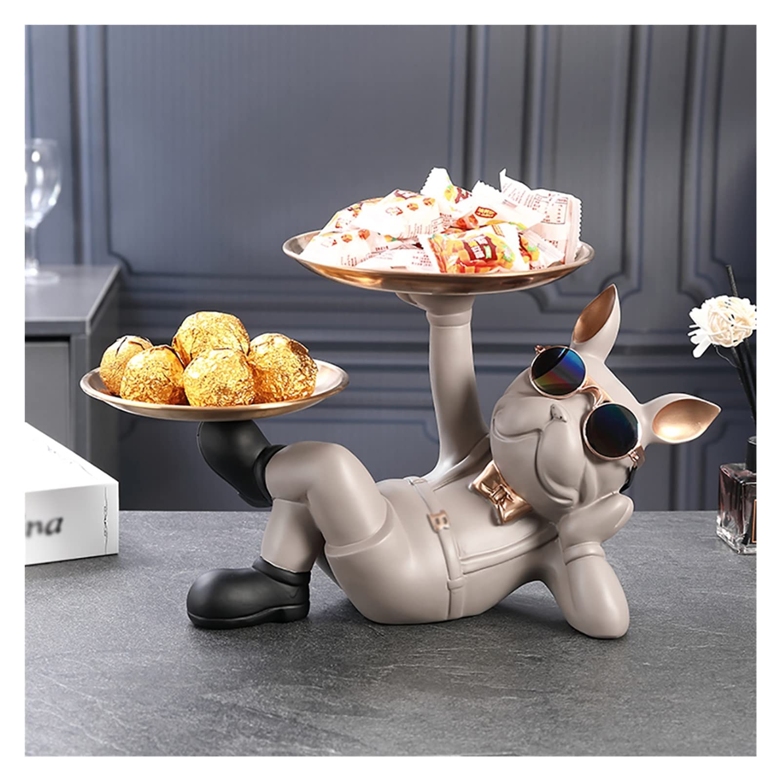 French Bulldog Stainless Steel Tray - Key, Snack & Perfume Holder | Decorative Sculpture for Table & Desk | Jewelry & Candy Organizer | Home & Office Decor (Gray) - Perfect for Gifts, Vanity Organizing & Party Decor
