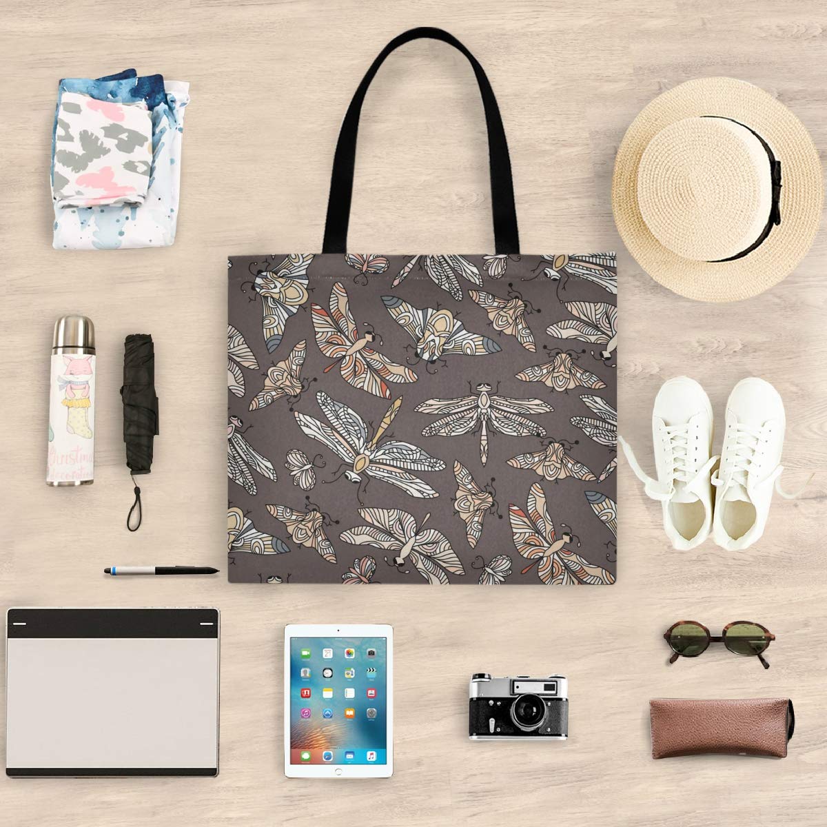 Visesunny Women's Extra Large Tote Bag with Fantasy Butterfly & Dragonfly Print - Reusable Grocery Shopping Bag, Beach Travel Shoulder Bag for Ladies - Perfect for Work, School, Picnics & Daily Errands