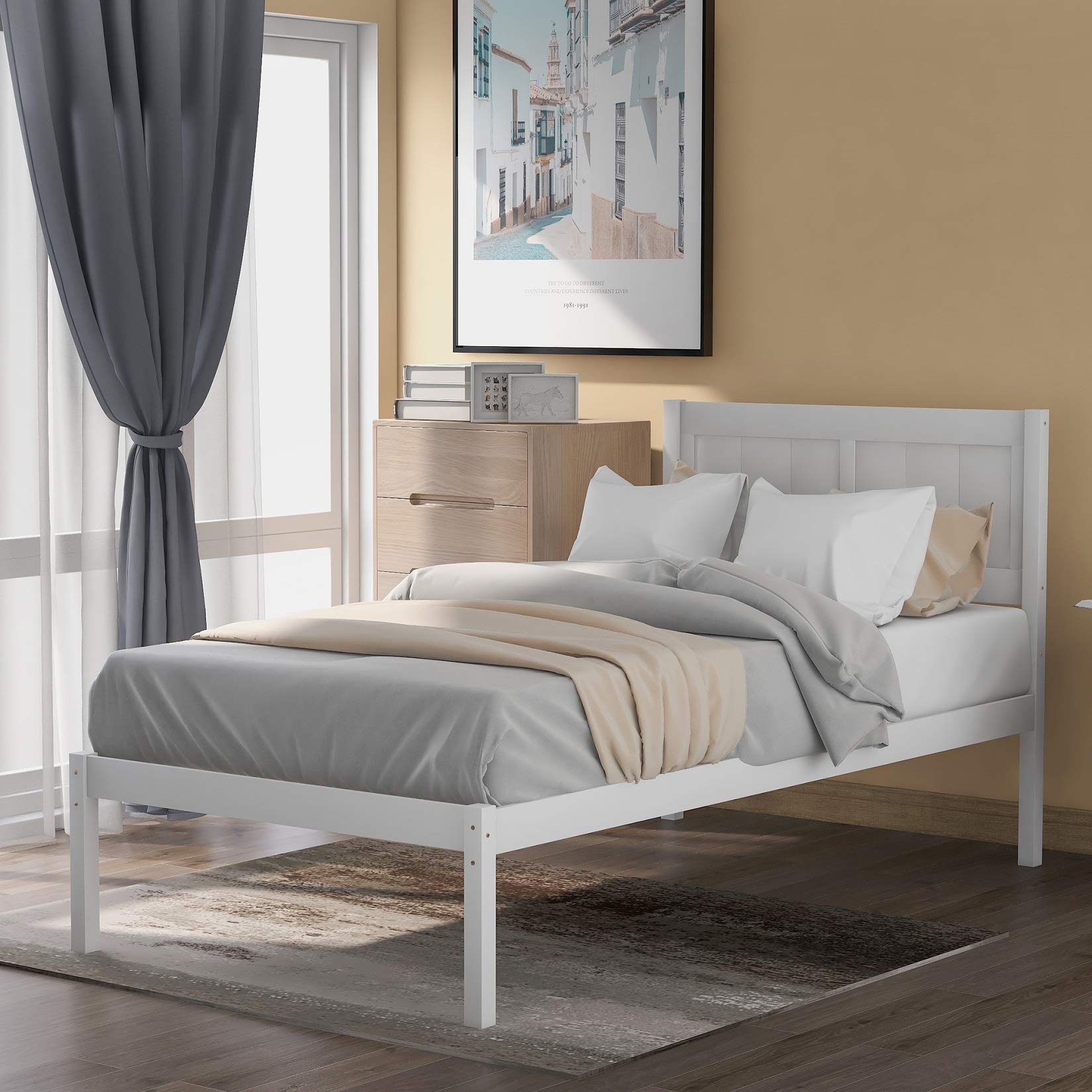 Rhomtree Solid Wood Twin Bed Frame with Headboard - No Box Spring Needed, White Platform Bed for Kids | Perfect for Small Bedrooms, Guest Rooms & Dormitories