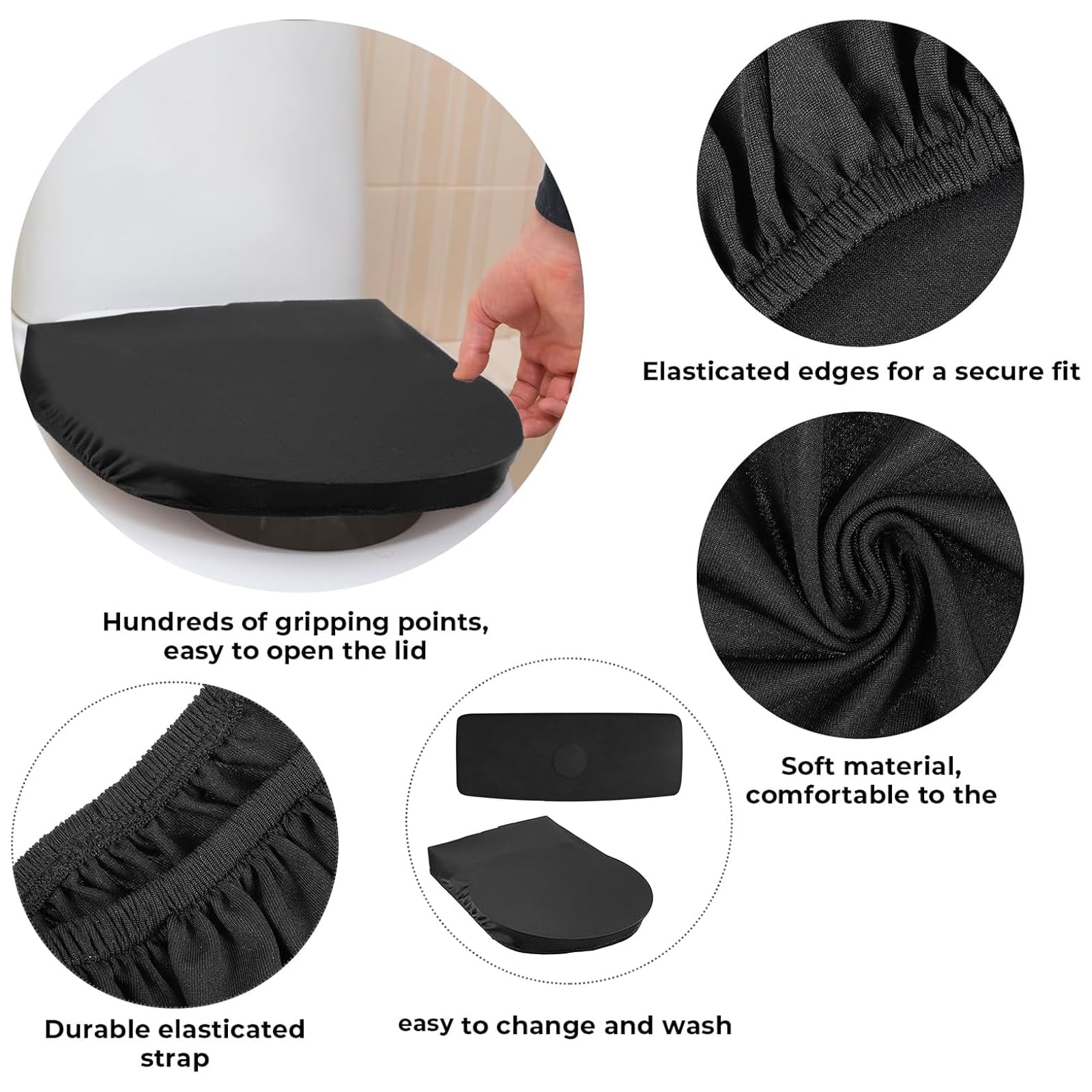 Soft Elastic Toilet Seat Cover and Tank Lid Set - Machine Washable, Universal Fit for Most Toilet Sizes (Black) | Bathroom Comfort & Hygiene Upgrade for Home, Hotel, and Office Use