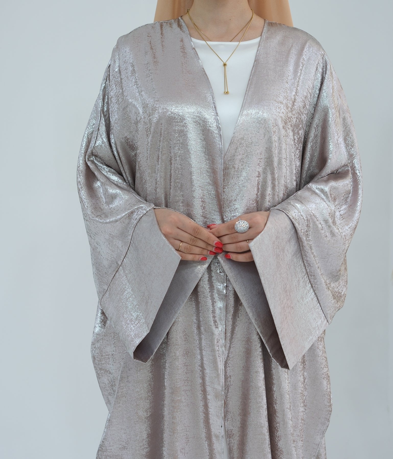 Celine Shimmer Kimono Open Abaya Sand - Elegant Muslim Abaya Dress for Women | Perfect for Eid, Wedding & Special Occasions