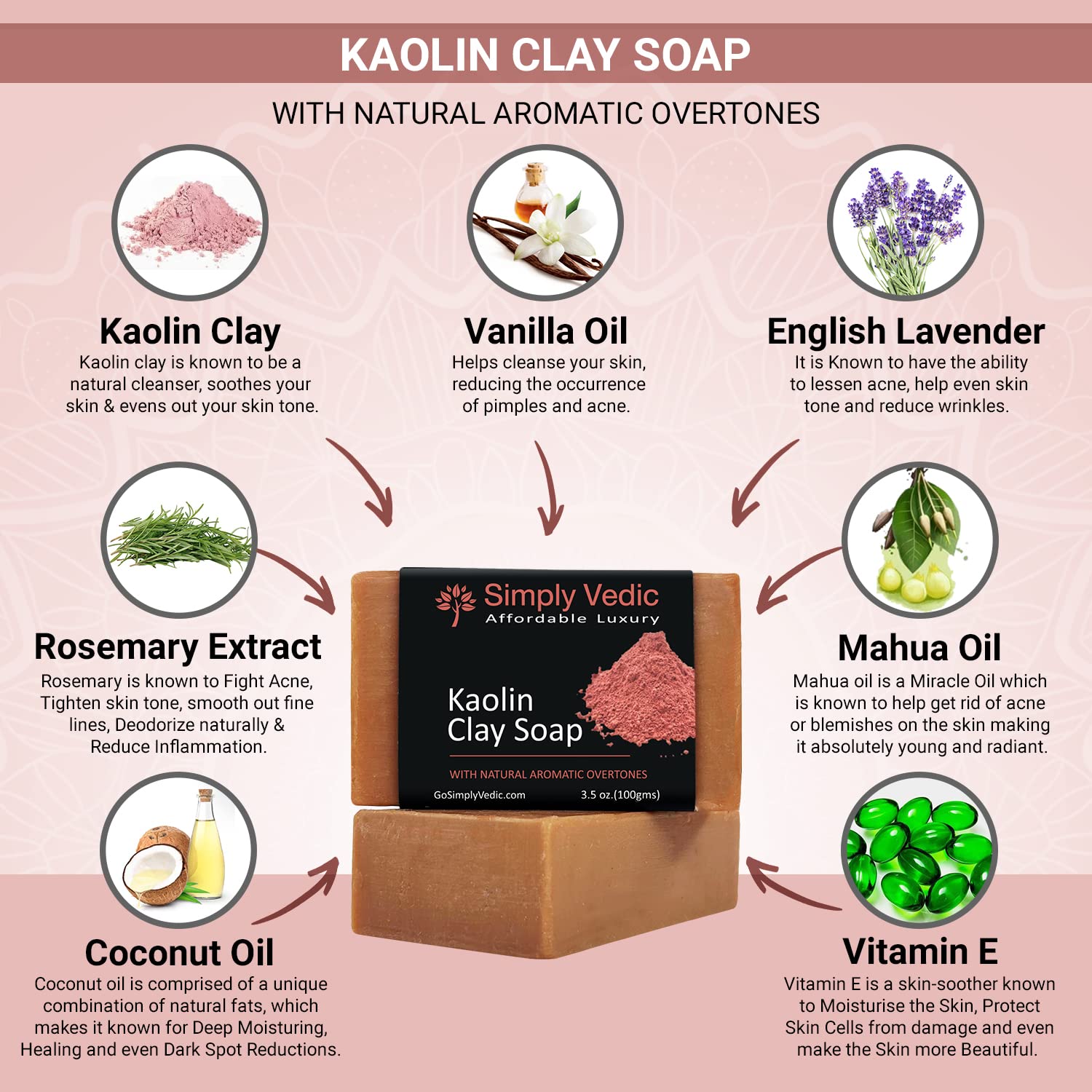 Simply Vedic Kaolin Clay Cold Pressed Soap Bar - Organic Natural Deep Exfoliating & Detoxifying Face & Body Cleanser | Handmade Sulfate-Free, Paraben-Free for All Skin Types | Men & Women | Perfect for Acne-Prone Skin & Daily Detox Routine (100g)