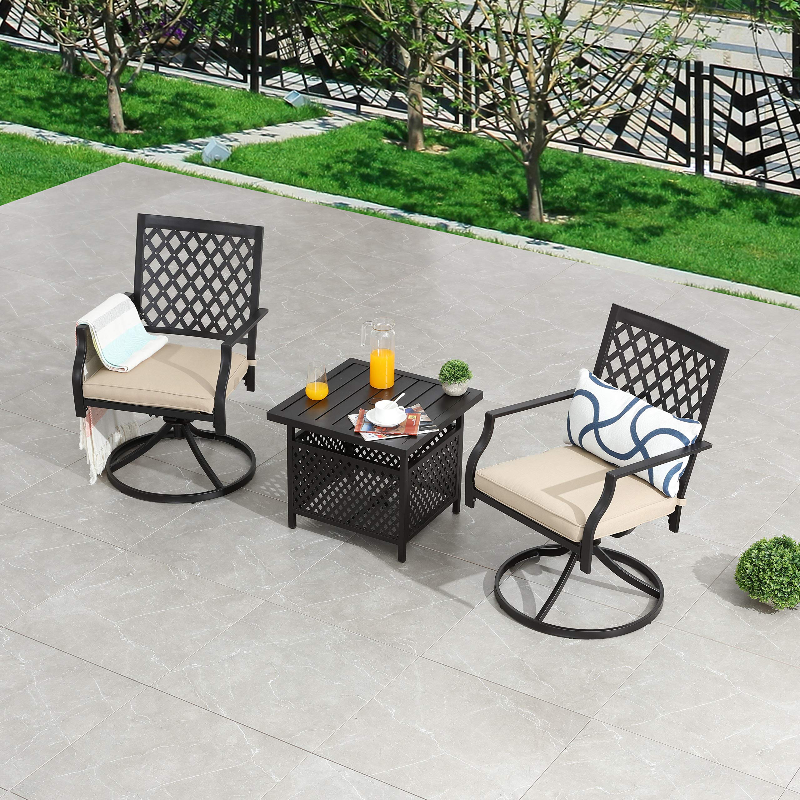 LOKATSE HOME 3-Piece Patio Swivel Set - Outdoor Metal Steel Furniture with 2 Dining Chairs & Umbrella Side Table, Beige - Perfect for Backyard, Garden, Poolside or Balcony Relaxation