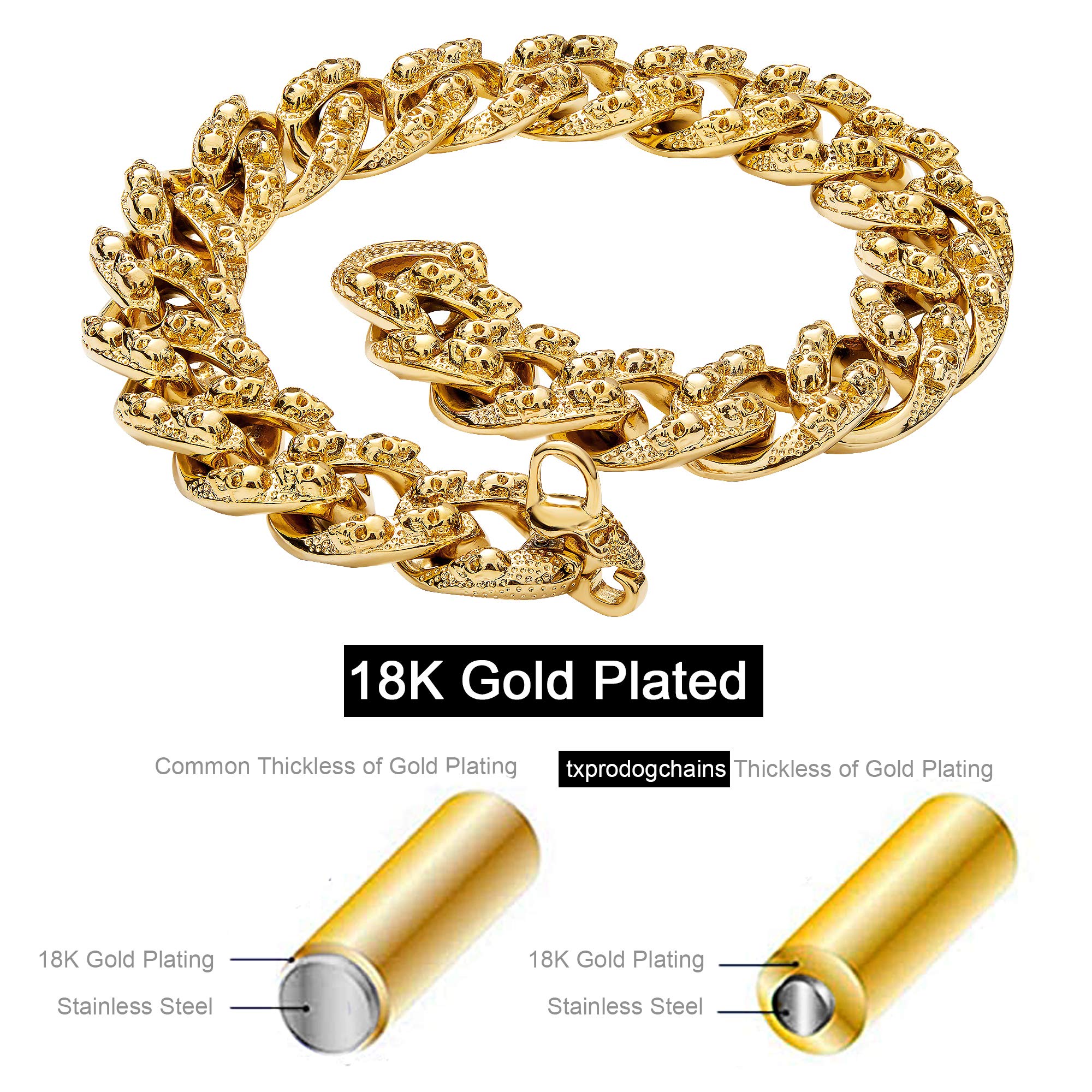 30MM Gold Stainless Steel Cuban Link Dog Collar with Skulls Pattern & Quick Release Buckle - Heavy Duty Big Dog Chain Collar for Medium & Large Breeds - Perfect for Training, Walking & Outdoor Adventures