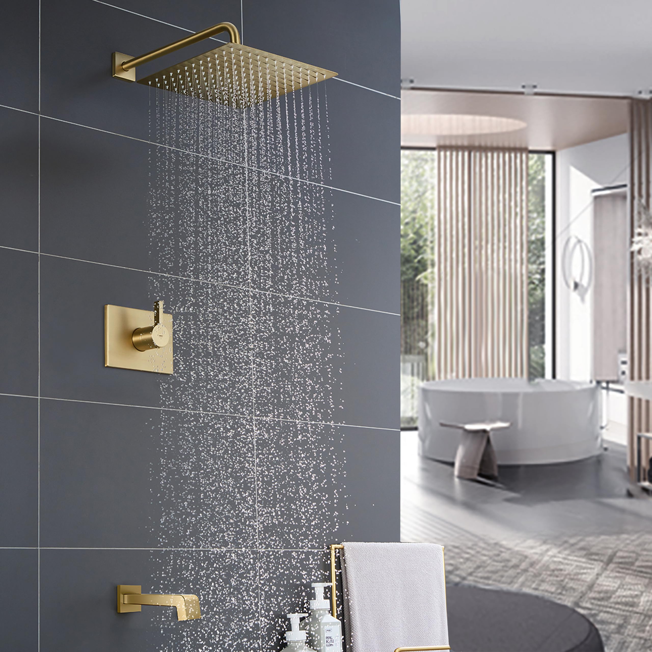 Brushed Gold Shower Fixture Set - 12 Inch Gold Shower Head, Tub Spout & Handle Combo with Valve - Luxury Bathroom Faucet for Modern & Vintage Bathrooms - Perfect for Home Renovation & Spa-Like Shower Experience