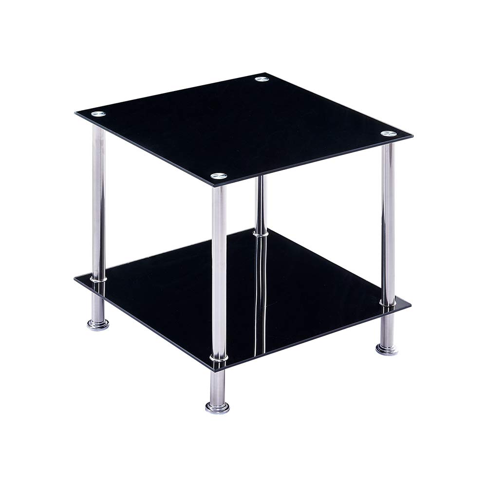 Modern Corner Sofa Side Table with Storage Shelf - 2-Tier Square End Table & Nightstand, Tempered Glass Top & Chrome Legs (Black) - Perfect for Living Room, Bedroom, or Office Use