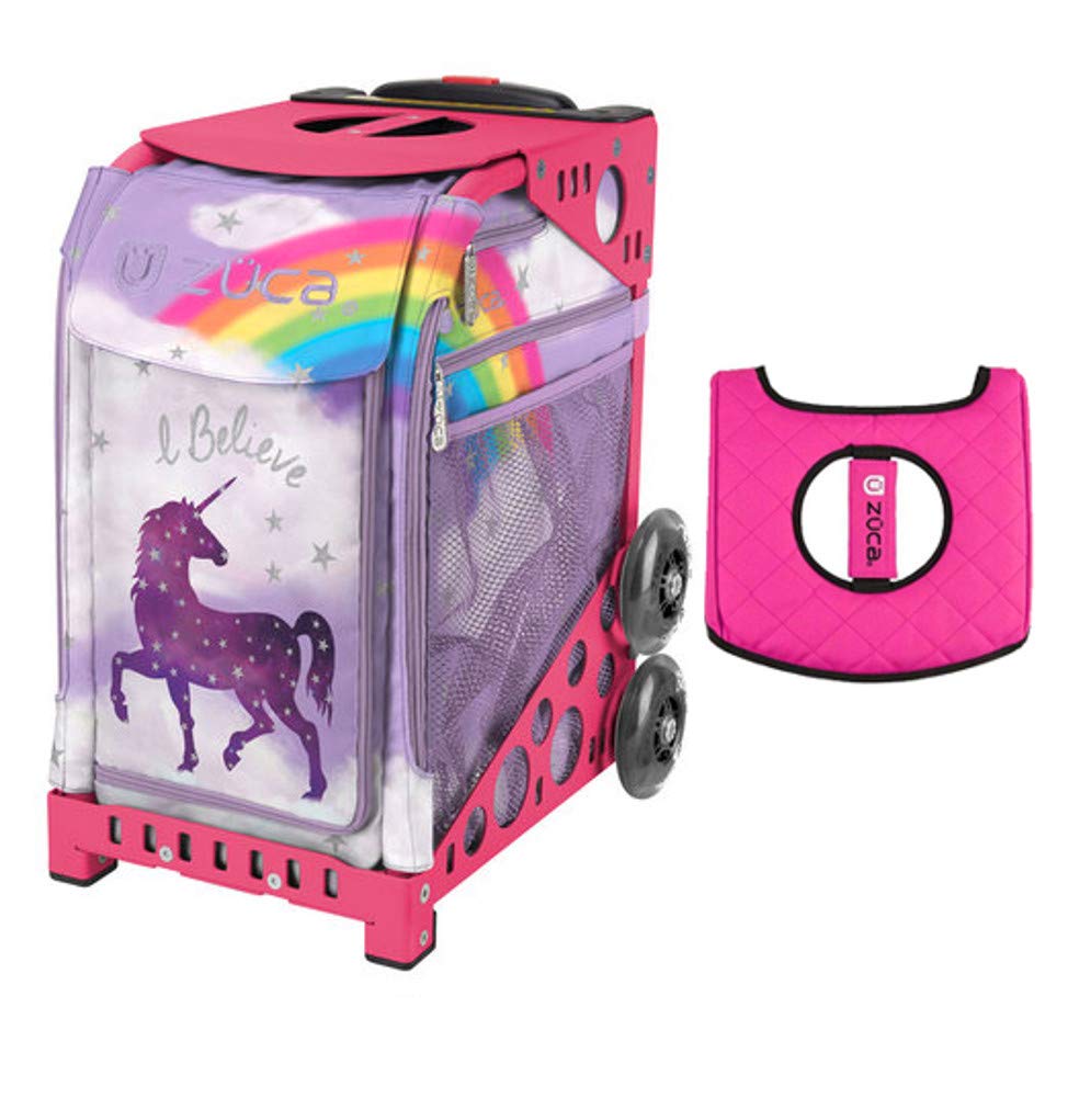 Zuca Sport Bag - Unicorn 2 with Gift Black/Pink Seat Cover (Pink Frames) | Durable Gymnastics & Cheerleading Backpack for Girls | Perfect for Competitions, Practice & Travel