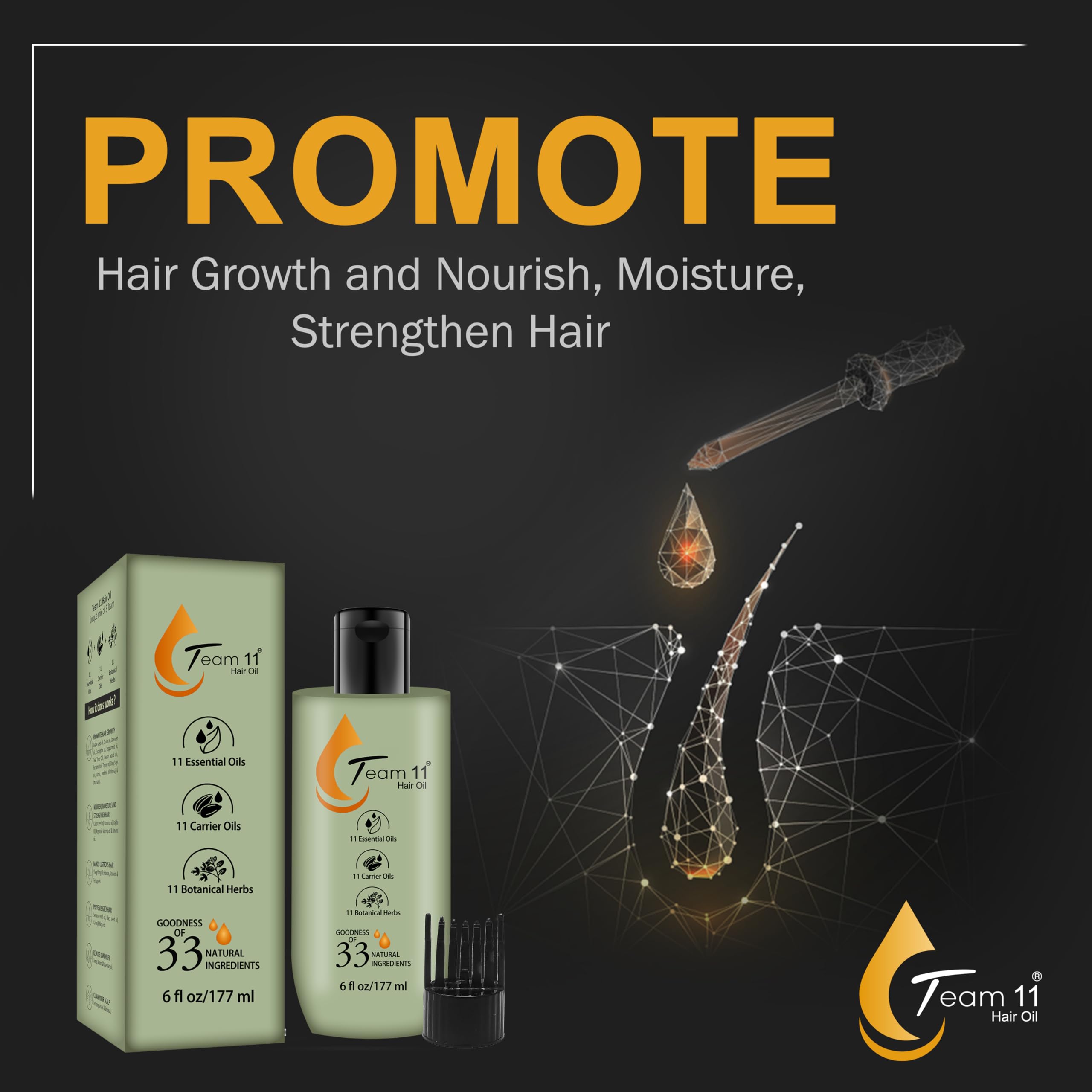 Team 11 Hair Growth Oil - Natural Blend with Argan, Jojoba, Rosemary & Castor Oils | Herbal Infusion with Amla, Brahmi & Bhringraj | 6oz for Stronger, Healthier Hair | Perfect for Daily Scalp Massage & Split End Treatment