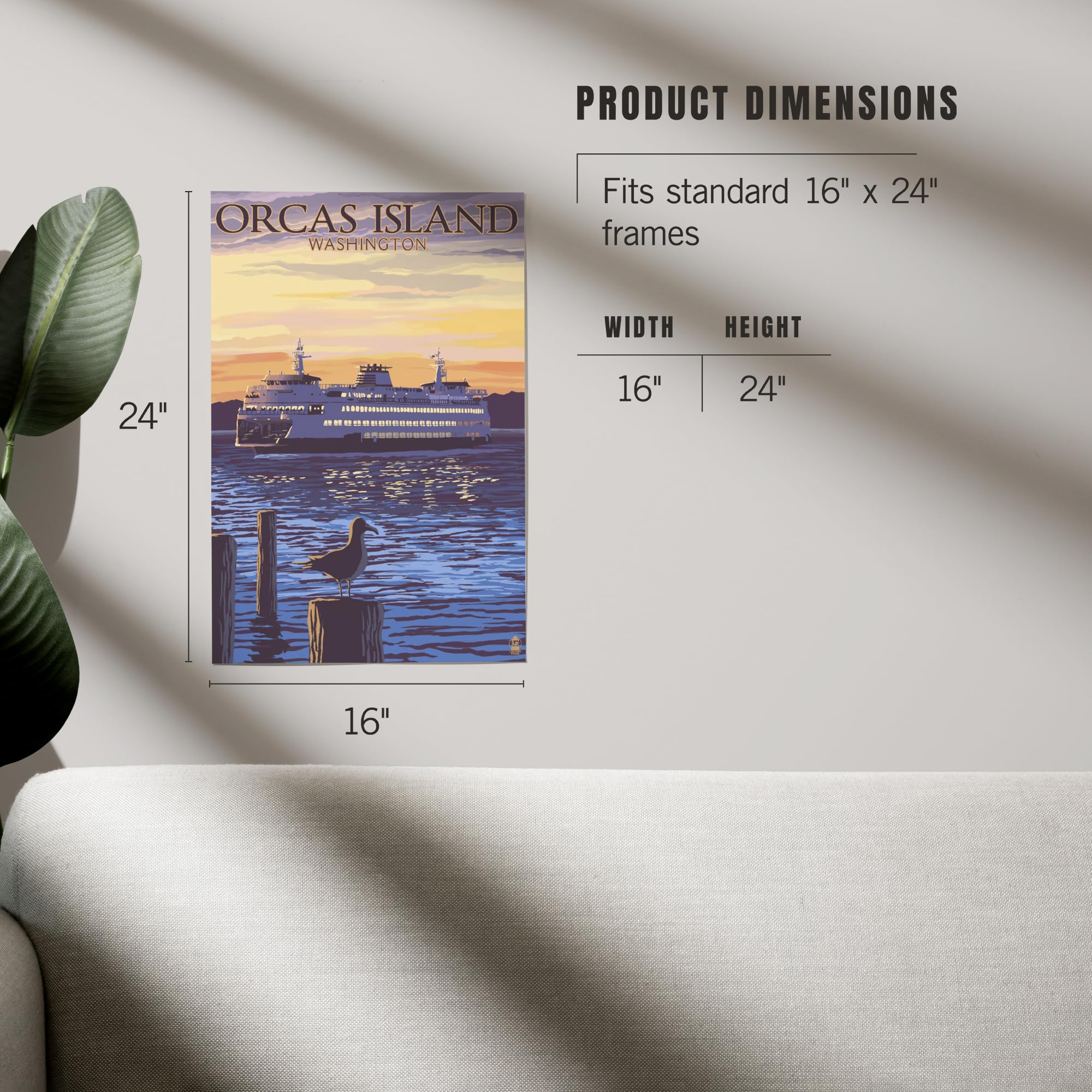 Lantern Press 16x24 Inch Giclee Art Print - Orcas Island Washington Sunset with Ferry and Seagull - Wall Decor for Living Room, Bedroom or Office