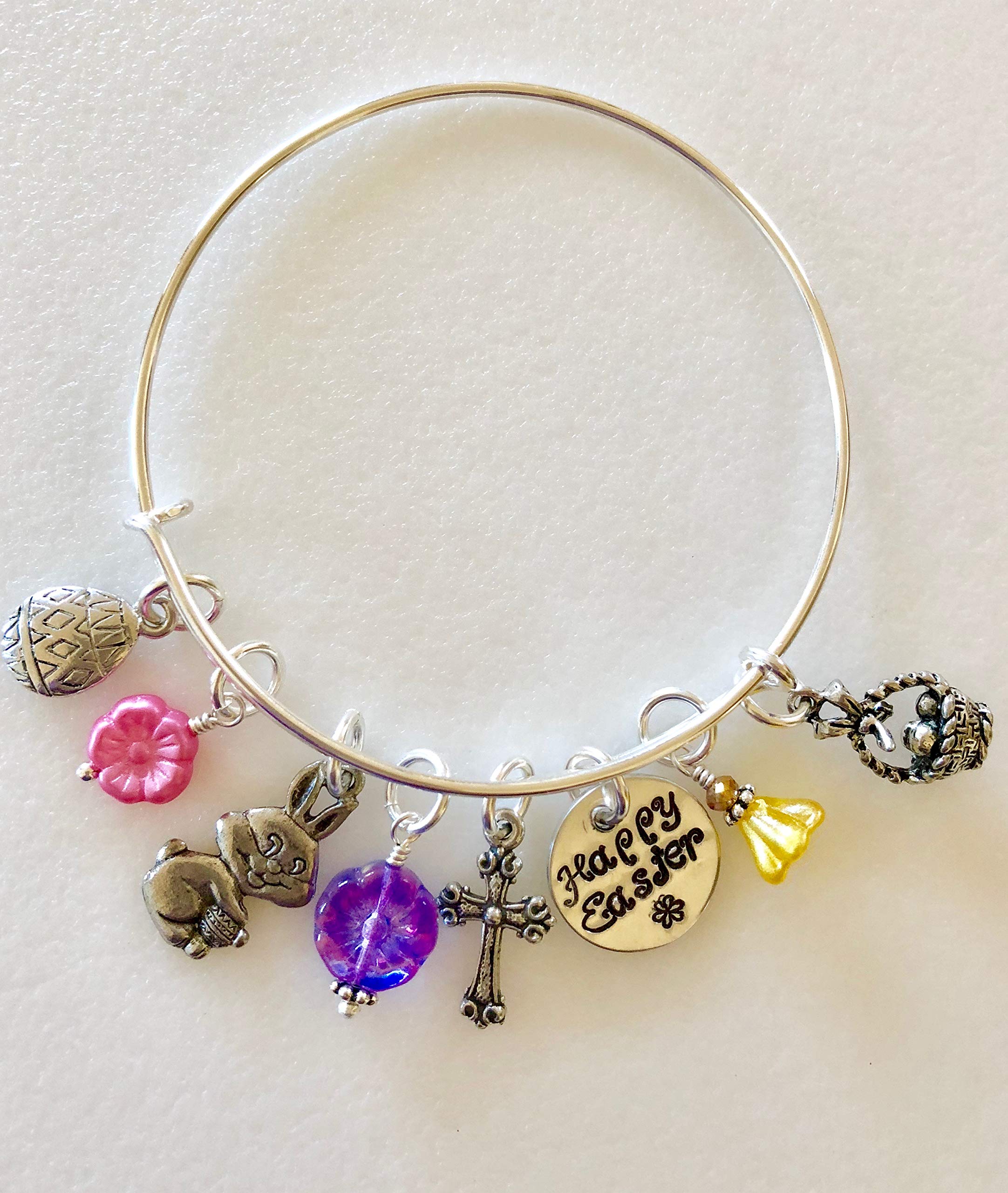 Easter Charm Bracelet with Bunny & Christian Cross - Adjustable Silver Bangle for Women - Perfect for Easter Gifts, Basket Fillers & Spring Celebrations