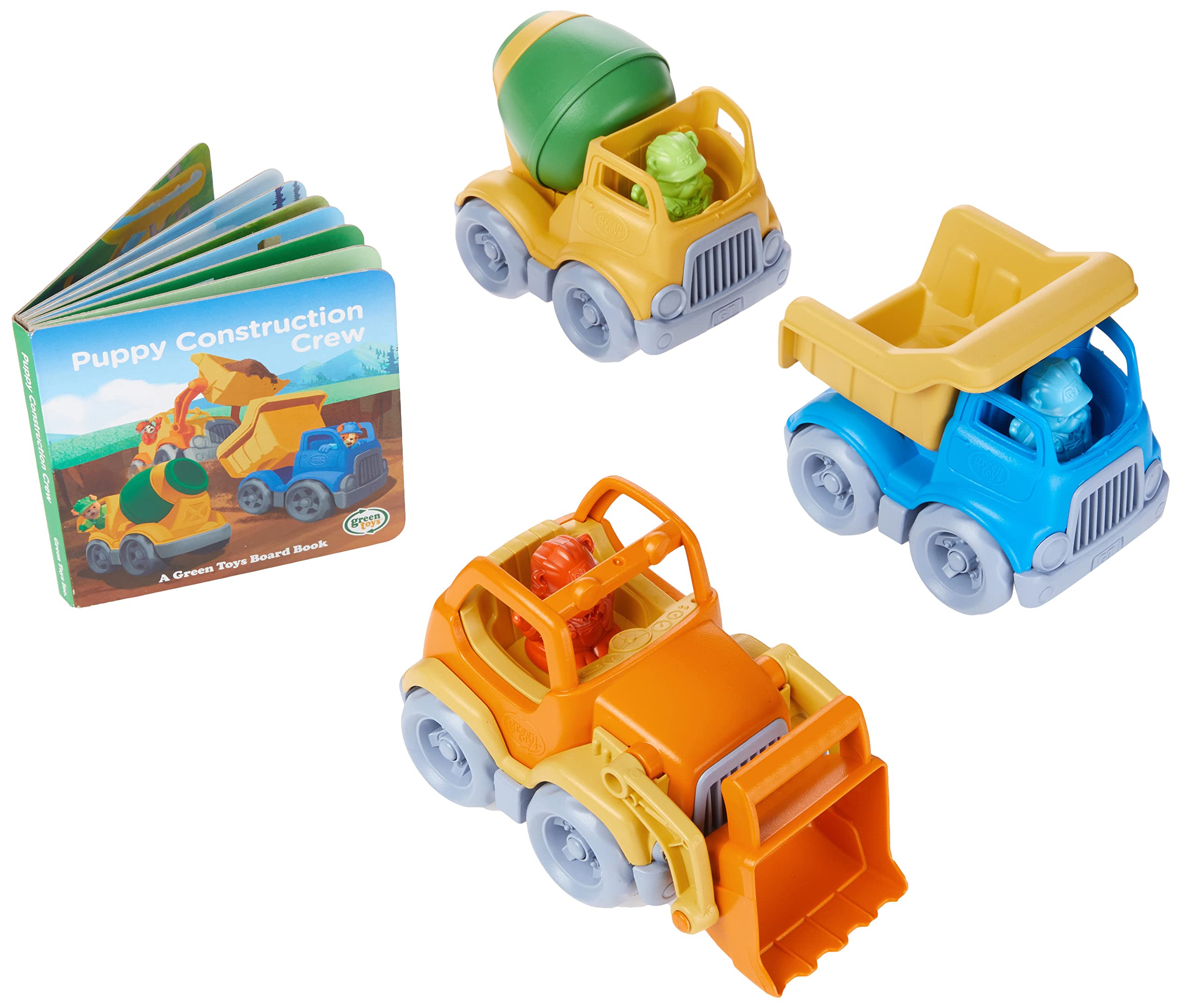 Green Toys Construction 3-Pack with Book – Eco-Friendly Plastic Toy Trucks for Kids | Perfect for Pretend Play, Sandbox Fun & STEM Learning