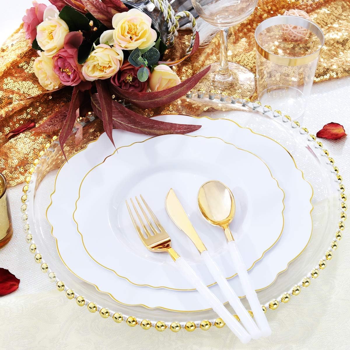 300-Piece Gold Plastic Cutlery Set & 100 Gold Plastic Plates - Elegant Baroque Design for Weddings, Parties, and Luxury Events