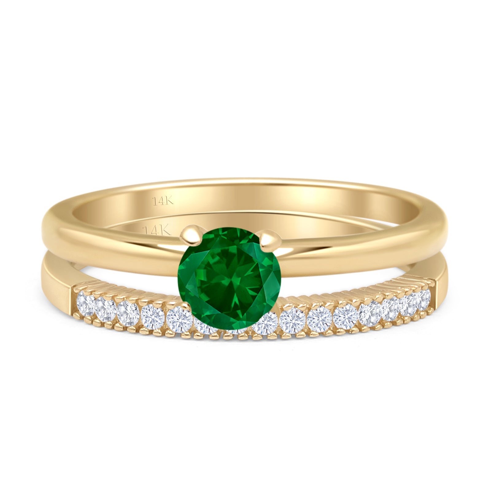 14K Yellow Gold Round Solitaire & Half Eternity Band with Green Emerald CZ Bridal Ring Set - Perfect for Weddings, Anniversaries & Special Occasions