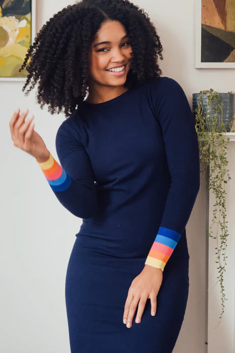 Liselle Knit Dress Navy with Sunset Cuffs - Elegant Casual Wear for Women | Perfect for Office, Date Night & Special Occasions