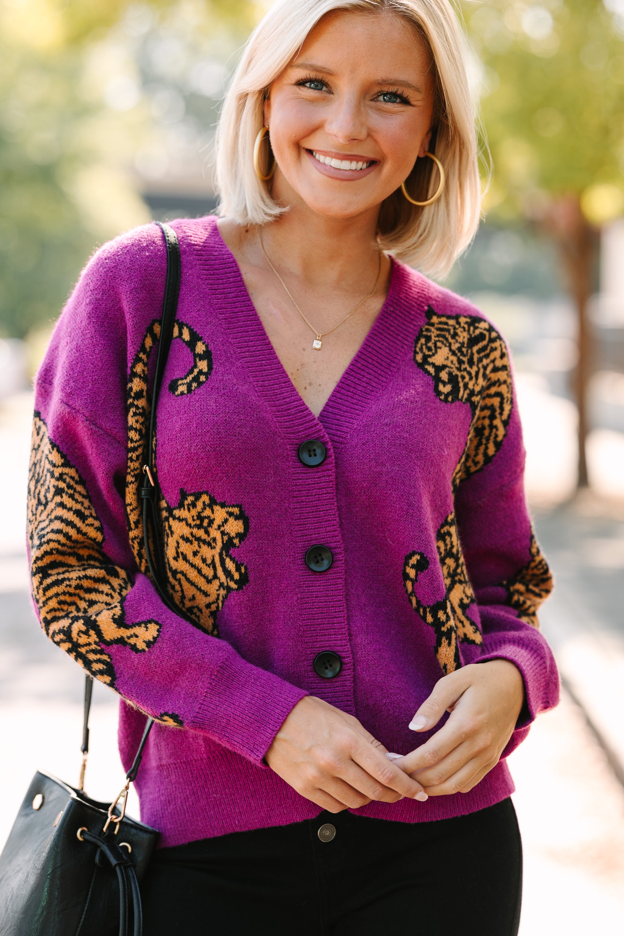 Born To Be Wild Plum Purple Tiger Cardigan - Stylish Women's Knit Sweater for Casual Wear, Office & Fall Fashion
