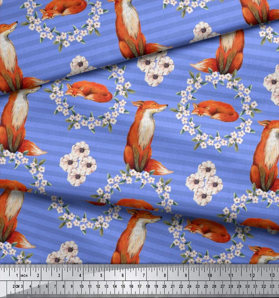 Soimoi Japanese Crepe Fabric - 42 Inch Wide Blue Floral Wreath & Fox Stripe Print - Whimsical Fox Accents - Perfect for DIY Dresses, Curtains, and Home Decor Projects