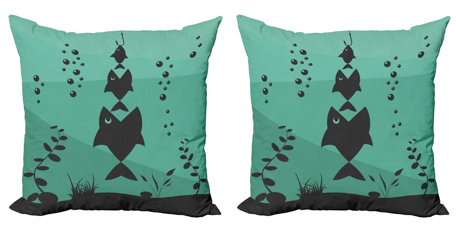 Ambesonne 2-Pack Fishing Themed Decorative Throw Pillow Covers - Big Fish Eats Small Fish Underwater Ocean Design, 24