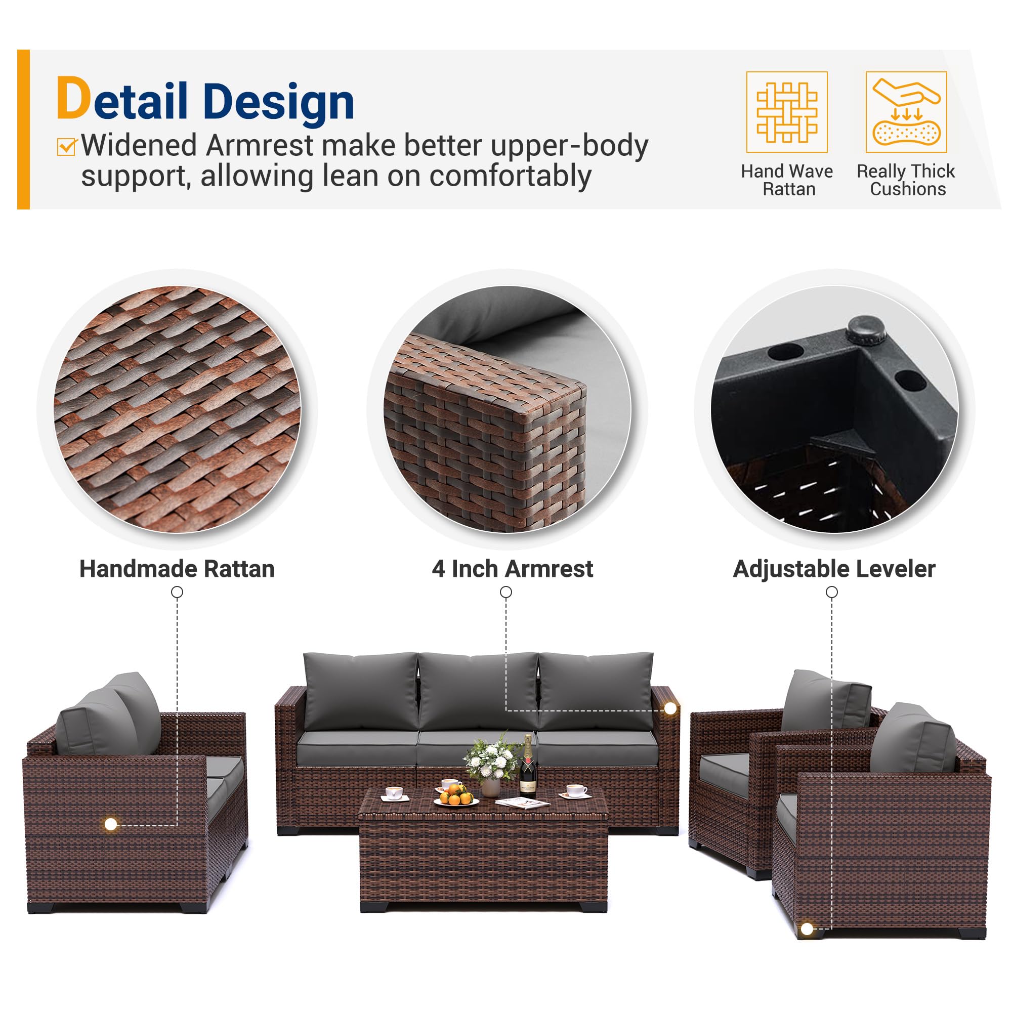 UDPATIO 3-Seat Outdoor Wicker Sofa Set with Steel Frame - Grey Rattan Sectional Couch with Deep Seating, High Back, Non-Slip Cushions & Furniture Cover - Perfect for Patio, Garden, Poolside or Backyard Relaxation