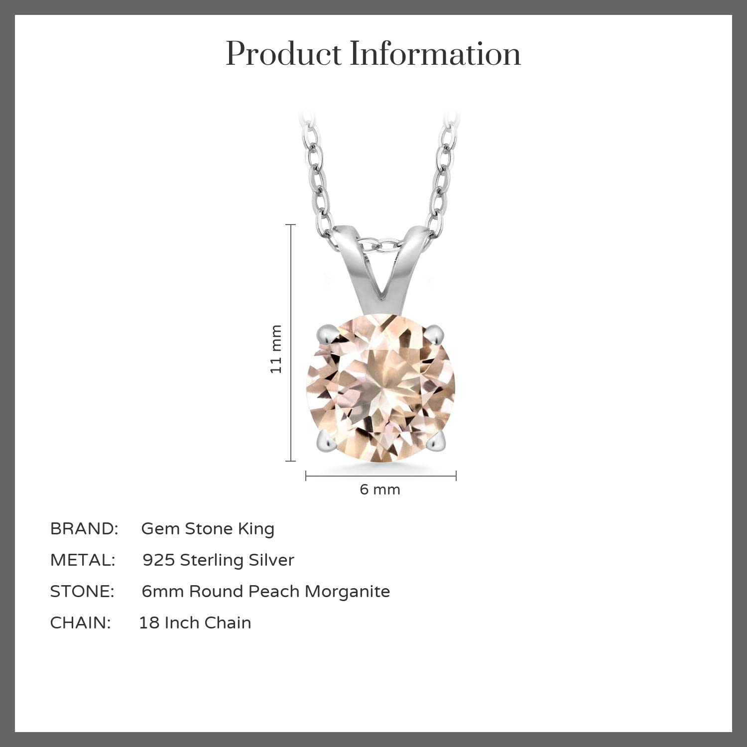 Gem Stone King 925 Sterling Silver 6MM Round Birthstone Solitaire Pendant Necklace for Women - 4-Prong Setting with 18 Inch Silver Chain | Perfect Gift for Birthday, Anniversary & Mother's Day