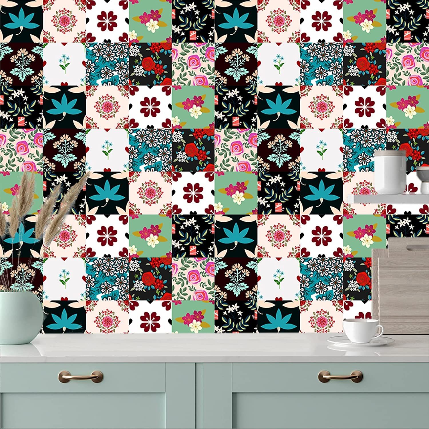 30cm x 30cm Pink Floral Tile Stickers - Waterproof Peel & Stick Wall Tiles for Kitchen Backsplash, Bathroom Decor, Home Renovation - Easy DIY Home Decoration for Countertops & Furniture